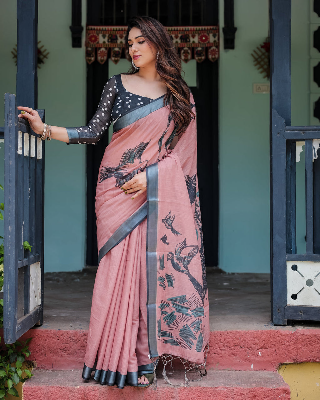 Zahlar Zari Grace Linen Cotton Digital Printed Saree with Silver Weaving Zari Patta & Matching Blouse