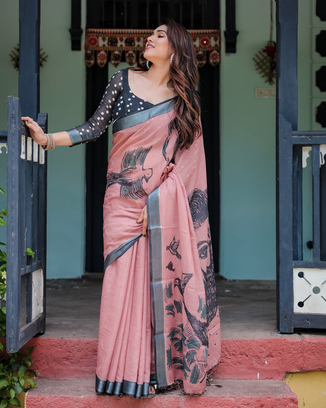 Zahlar Zari Grace Linen Cotton Digital Printed Saree with Silver Weaving Zari Patta & Matching Blouse