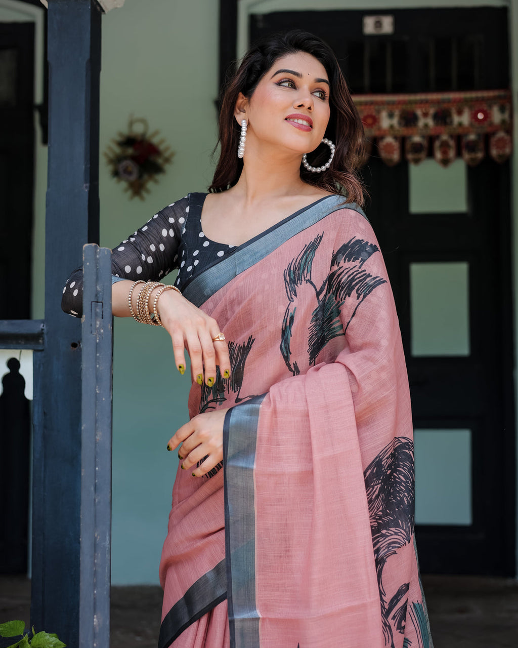 Zahlar Zari Grace Linen Cotton Digital Printed Saree with Silver Weaving Zari Patta & Matching Blouse