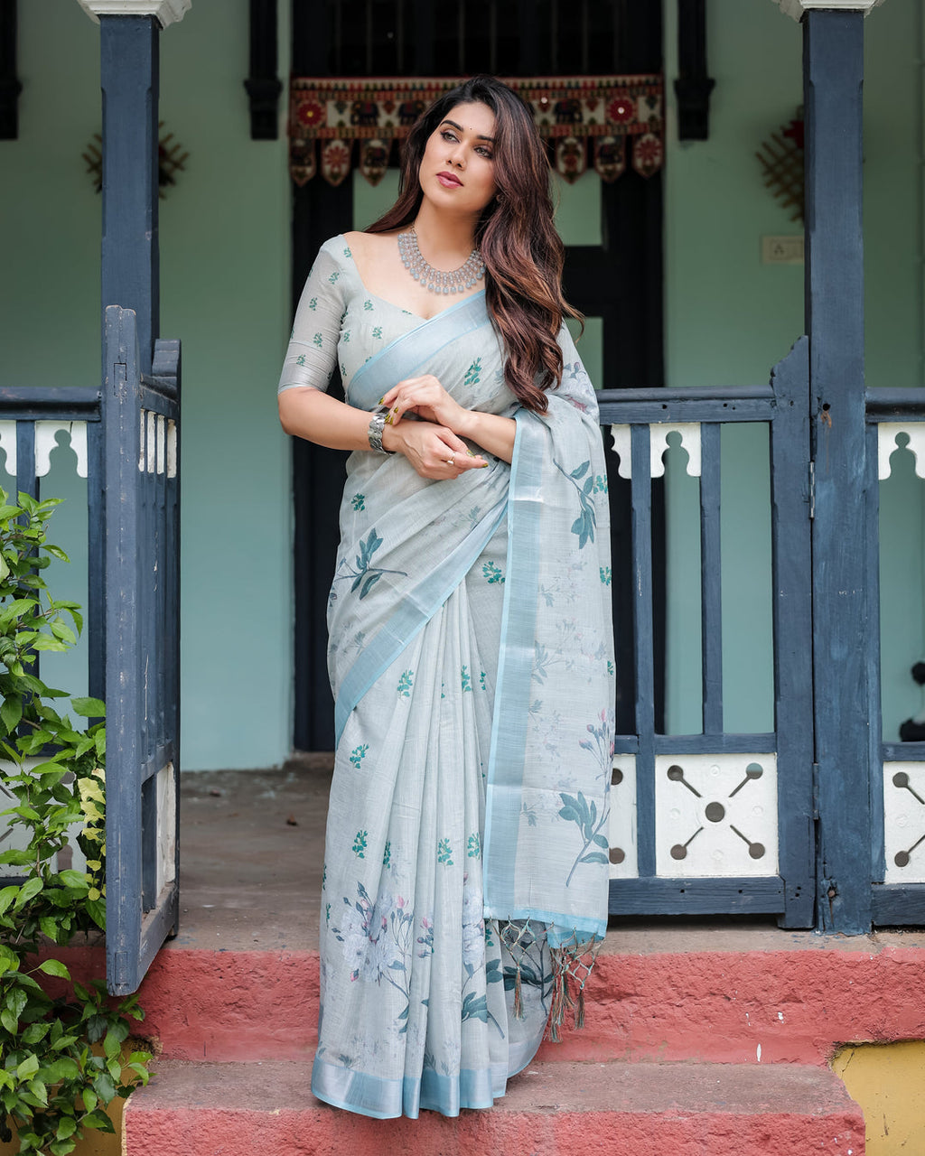 Silver Zahlar Royale Premium Linen Cotton Digital Printed Saree with Zari Patta & Matching Blouse