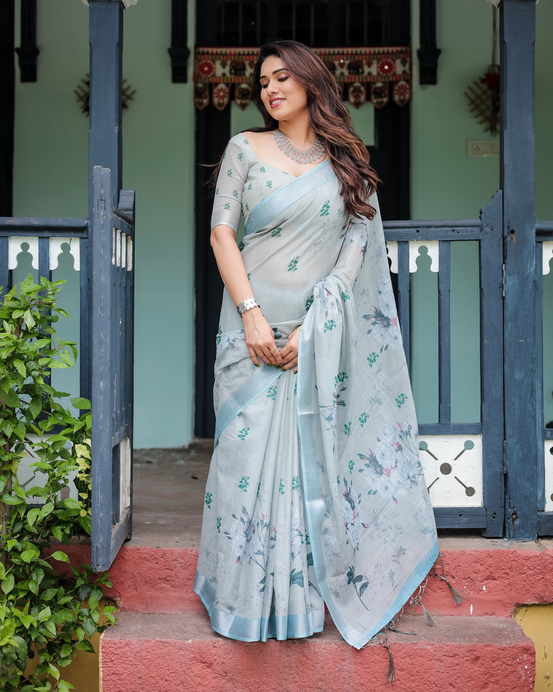 Silver Zahlar Royale Premium Linen Cotton Digital Printed Saree with Zari Patta & Matching Blouse