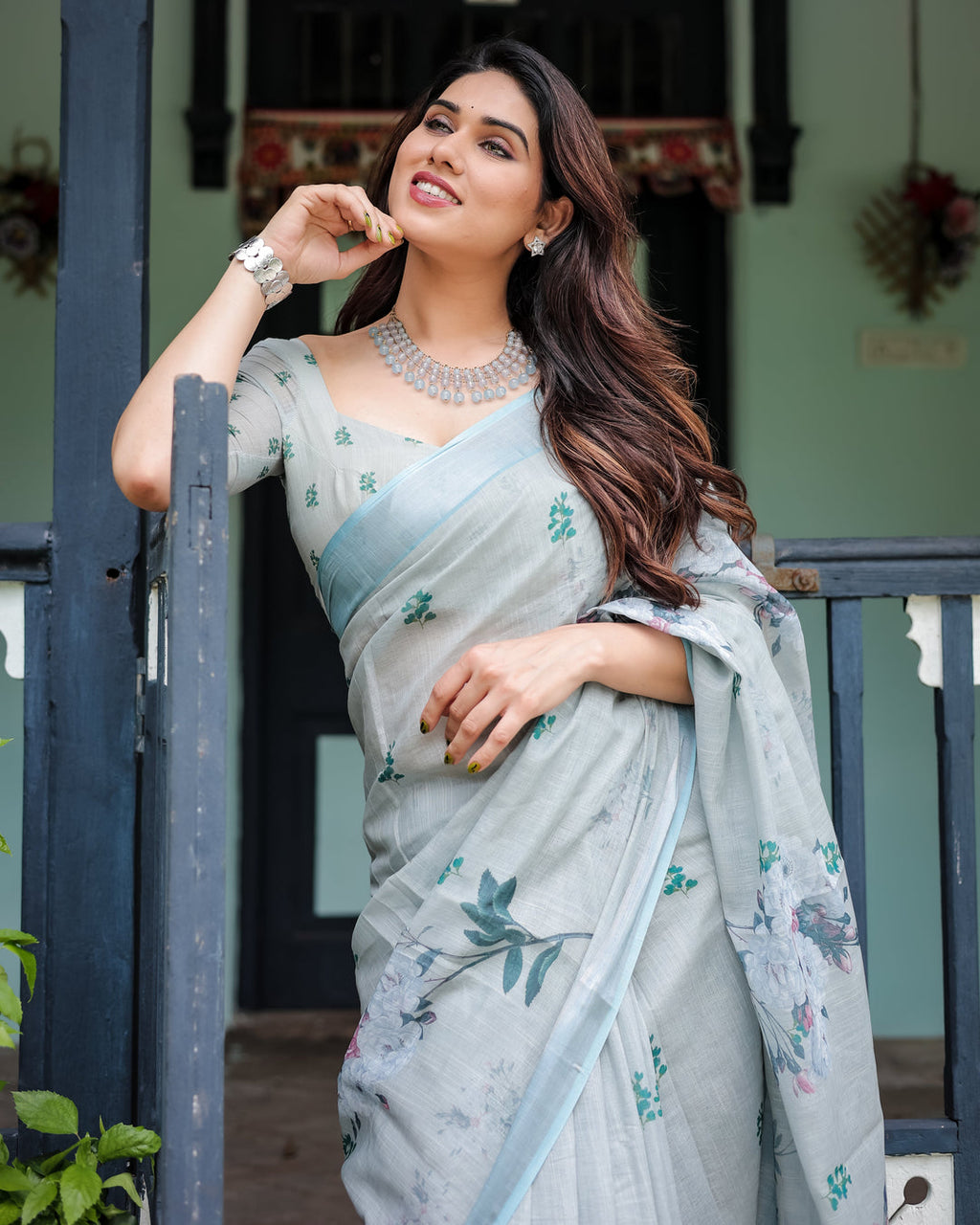 Silver Zahlar Royale Premium Linen Cotton Digital Printed Saree with Zari Patta & Matching Blouse