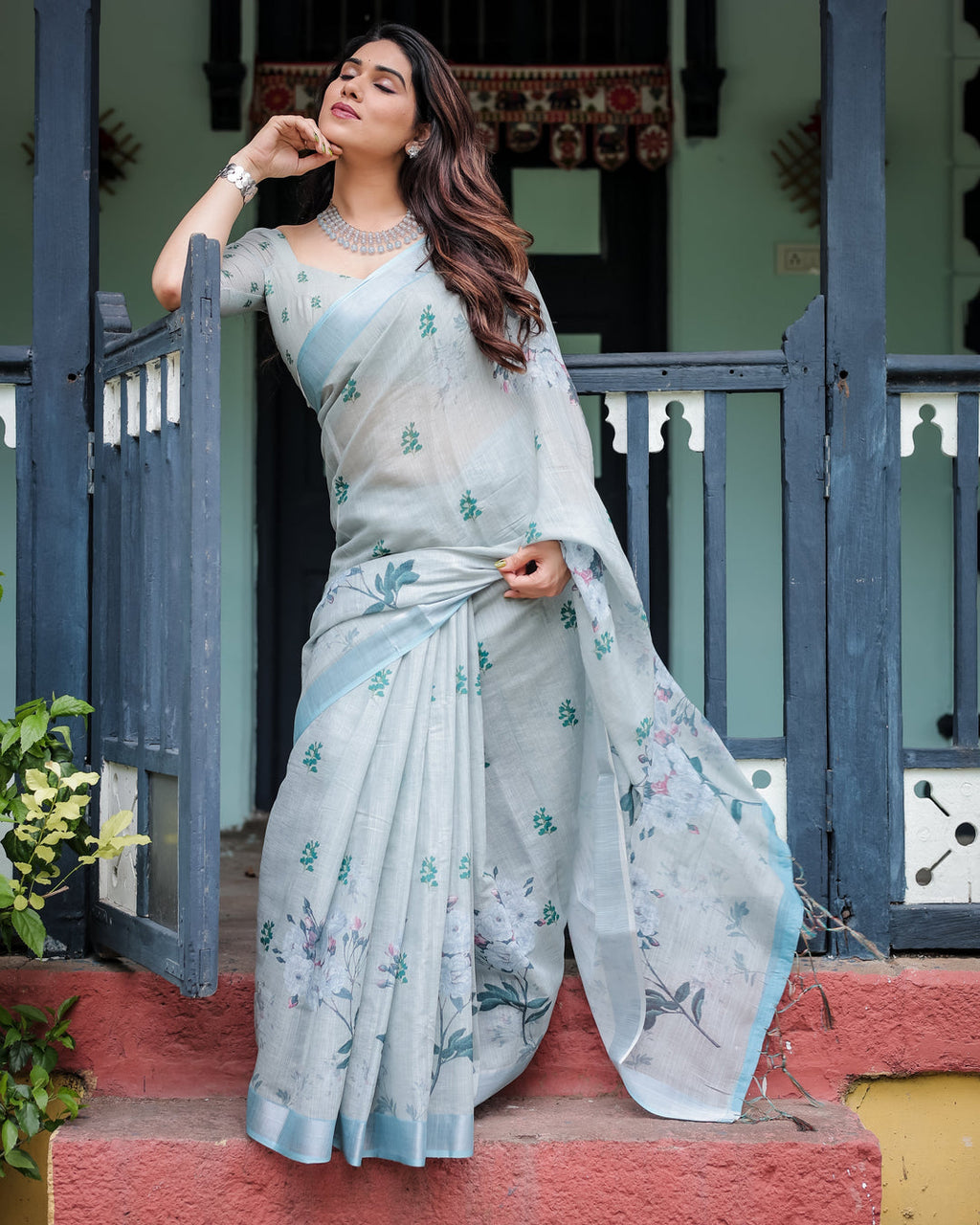 Silver Zahlar Royale Premium Linen Cotton Digital Printed Saree with Zari Patta & Matching Blouse