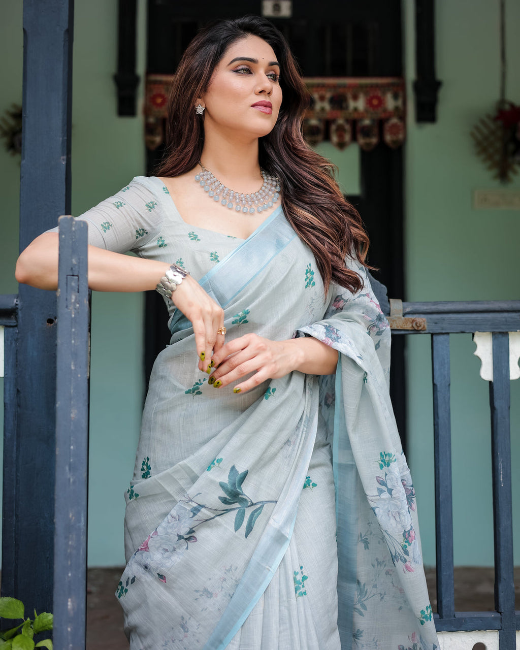 Silver Zahlar Royale Premium Linen Cotton Digital Printed Saree with Zari Patta & Matching Blouse