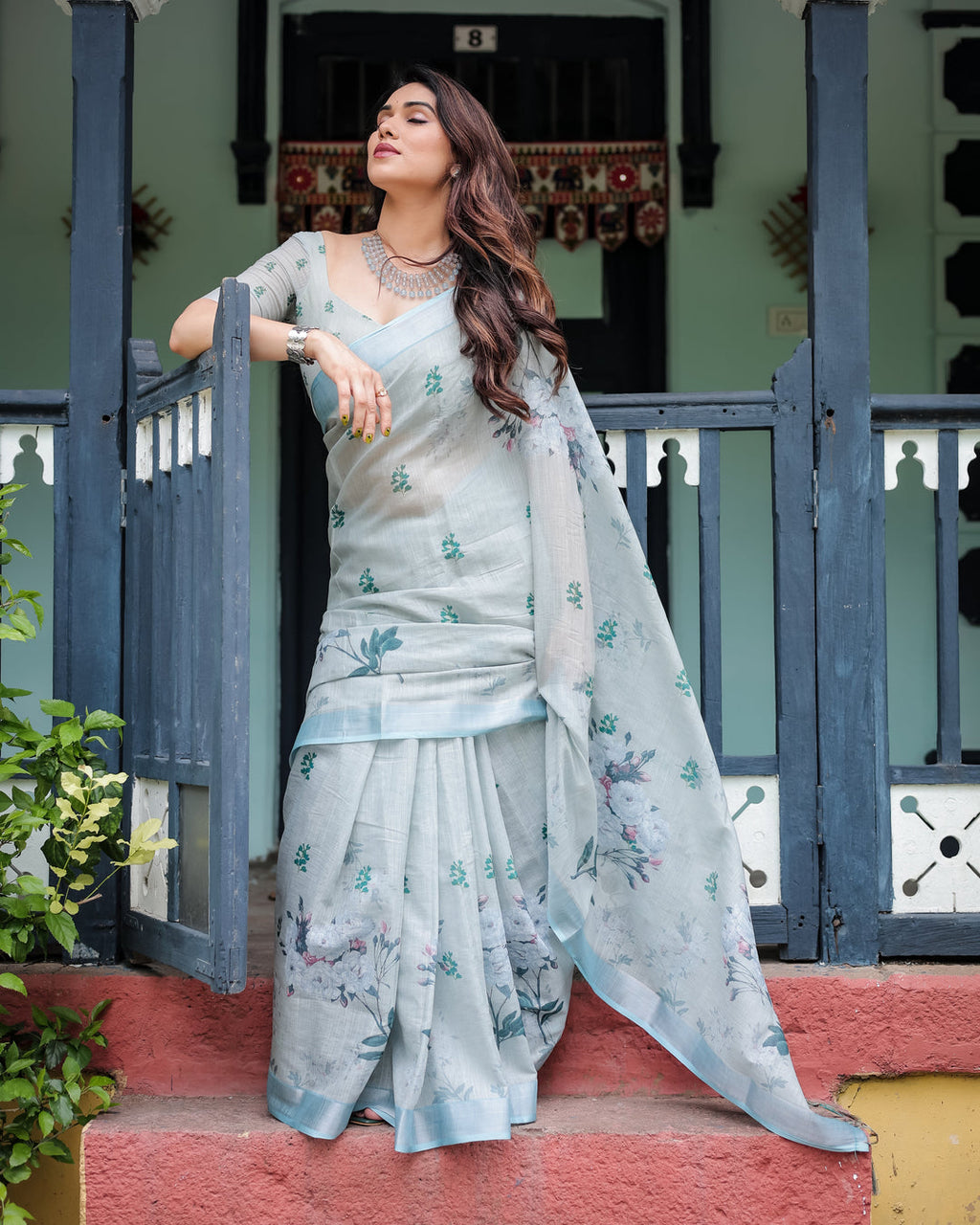 Silver Zahlar Royale Premium Linen Cotton Digital Printed Saree with Zari Patta & Matching Blouse