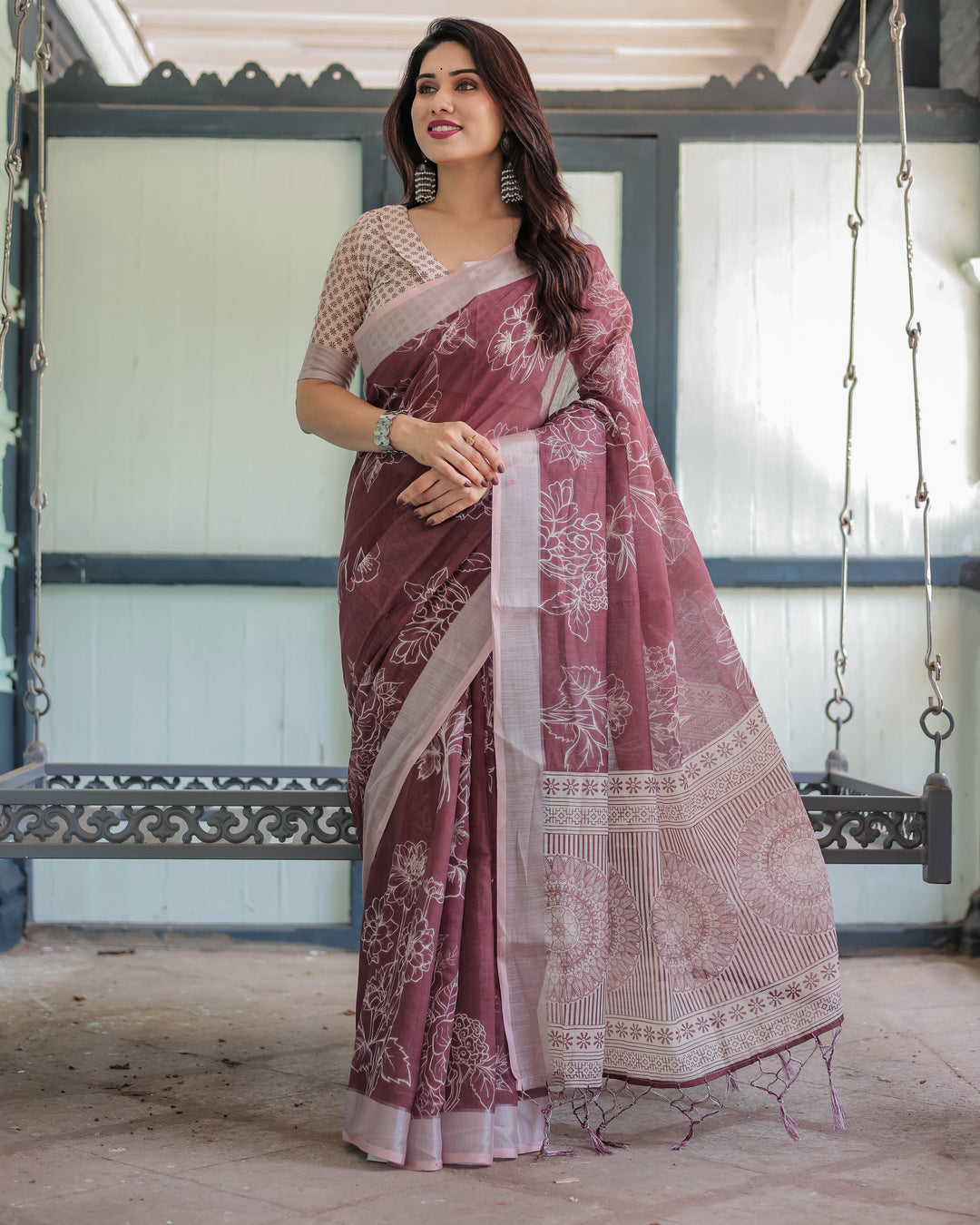Linen Cotton Digital Printed Saree with Silver Zari Patta, Matching Digital Print Blouse, and Zahlar Tassels