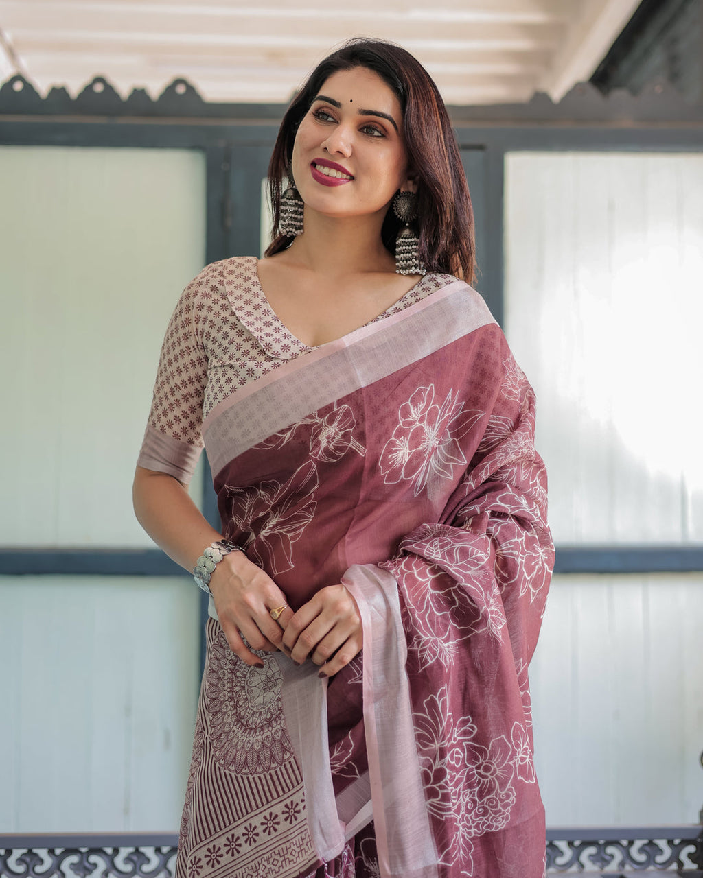 Linen Cotton Digital Printed Saree with Silver Zari Patta, Matching Digital Print Blouse, and Zahlar Tassels
