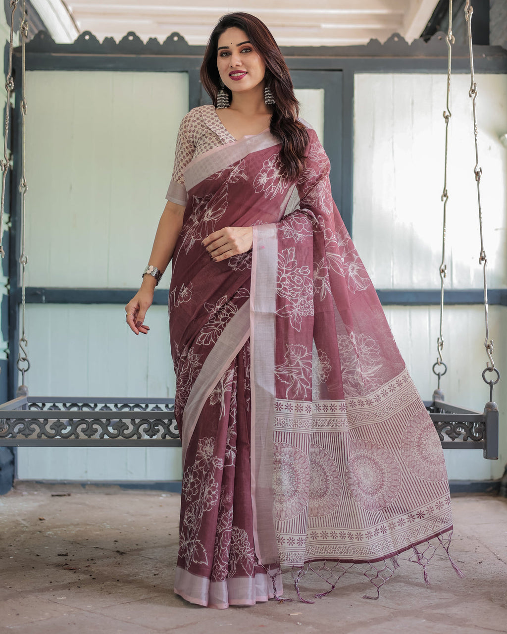 Linen Cotton Digital Printed Saree with Silver Zari Patta, Matching Digital Print Blouse, and Zahlar Tassels