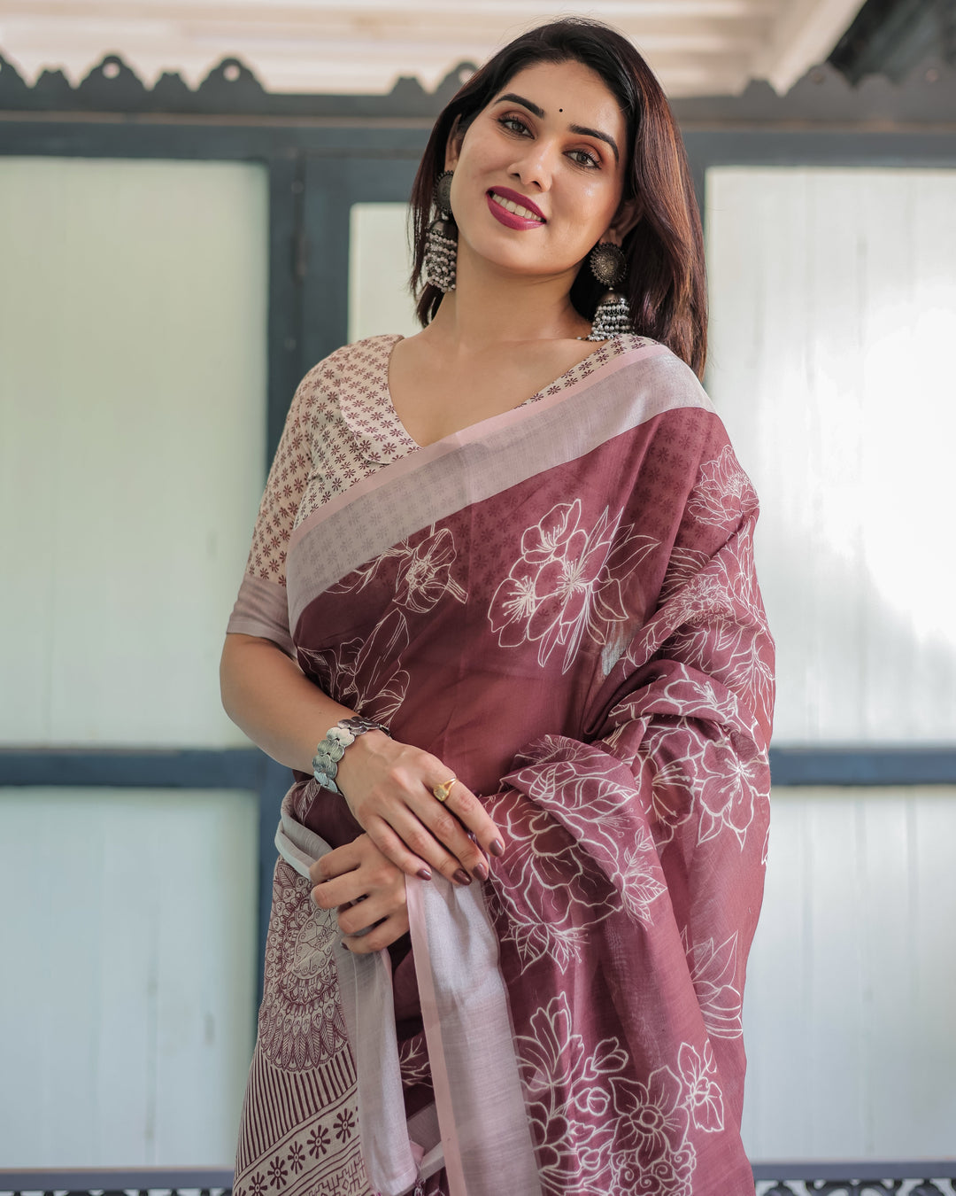 Linen Cotton Digital Printed Saree with Silver Zari Patta, Matching Digital Print Blouse, and Zahlar Tassels