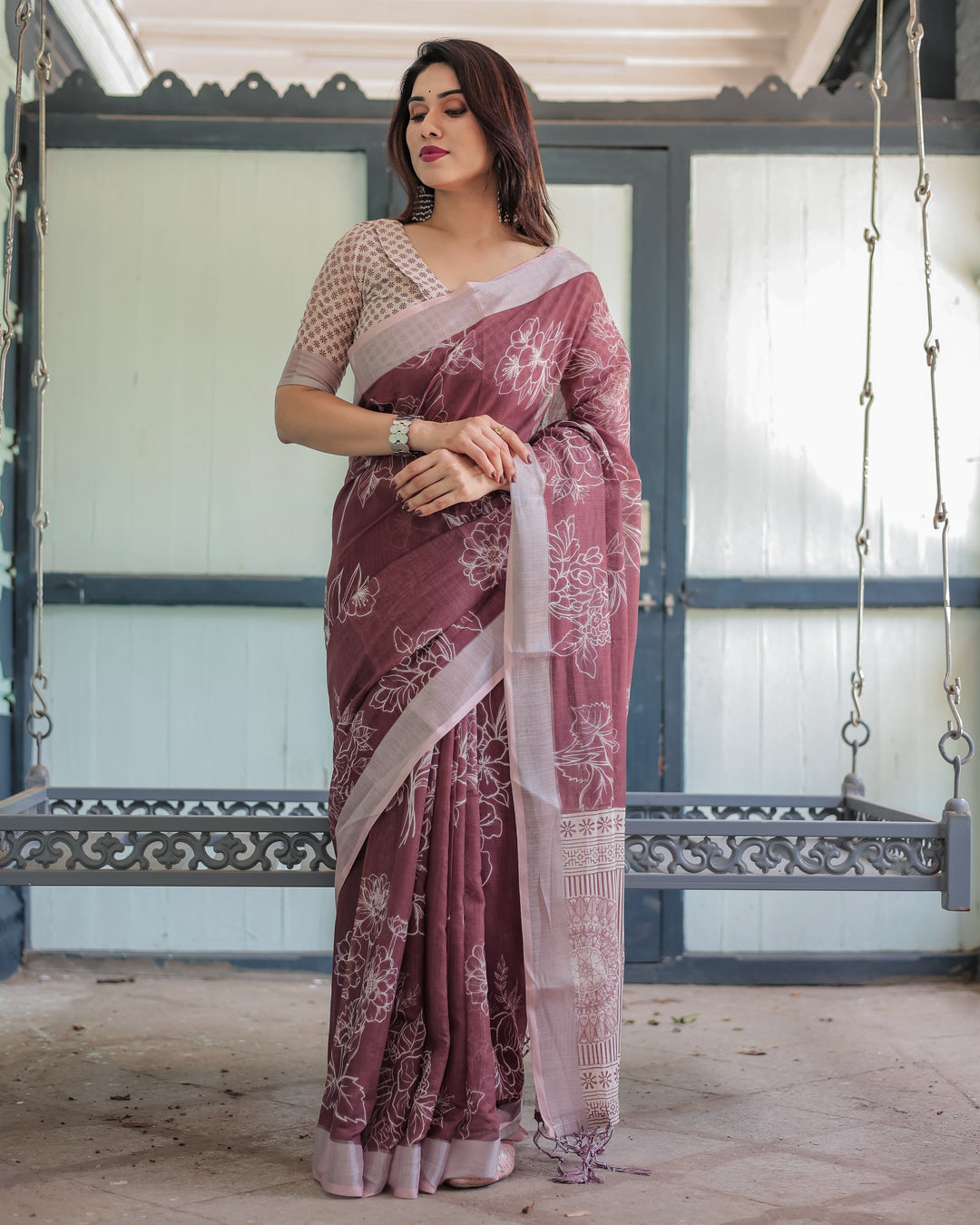 Linen Cotton Digital Printed Saree with Silver Zari Patta, Matching Digital Print Blouse, and Zahlar Tassels