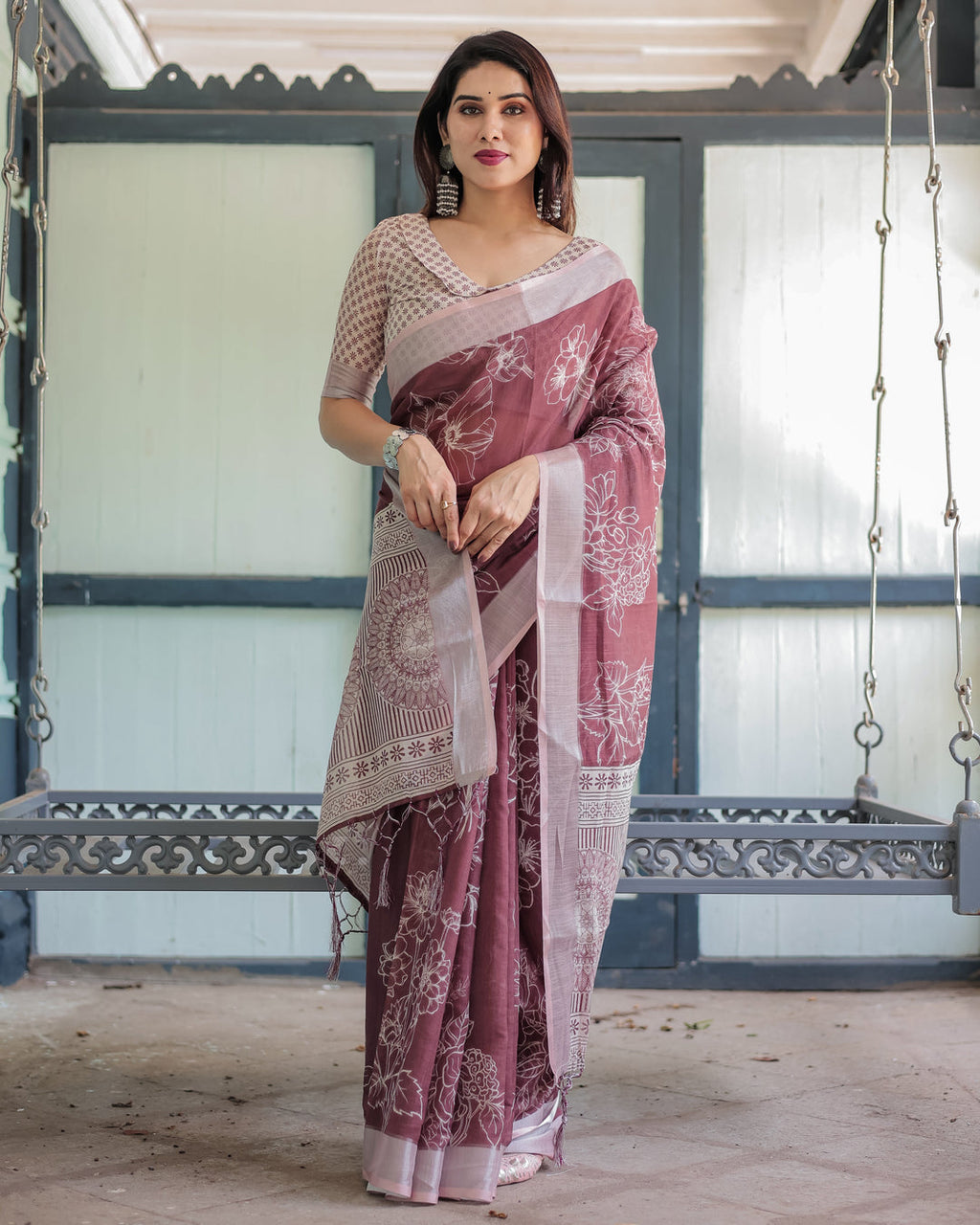 Linen Cotton Digital Printed Saree with Silver Zari Patta, Matching Digital Print Blouse, and Zahlar Tassels
