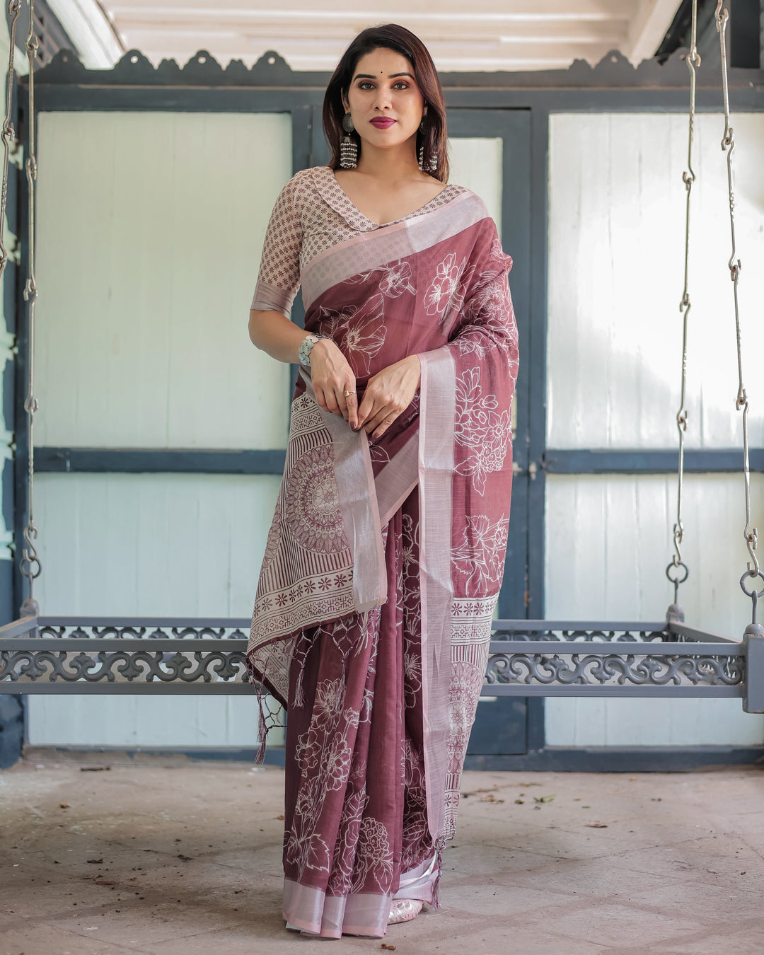 Linen Cotton Digital Printed Saree with Silver Zari Patta, Matching Digital Print Blouse, and Zahlar Tassels