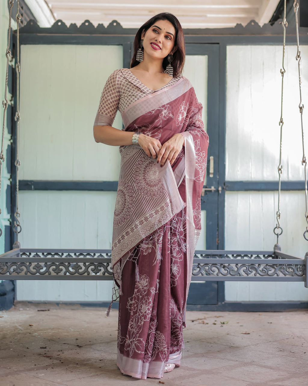 Linen Cotton Digital Printed Saree with Silver Zari Patta, Matching Digital Print Blouse, and Zahlar Tassels