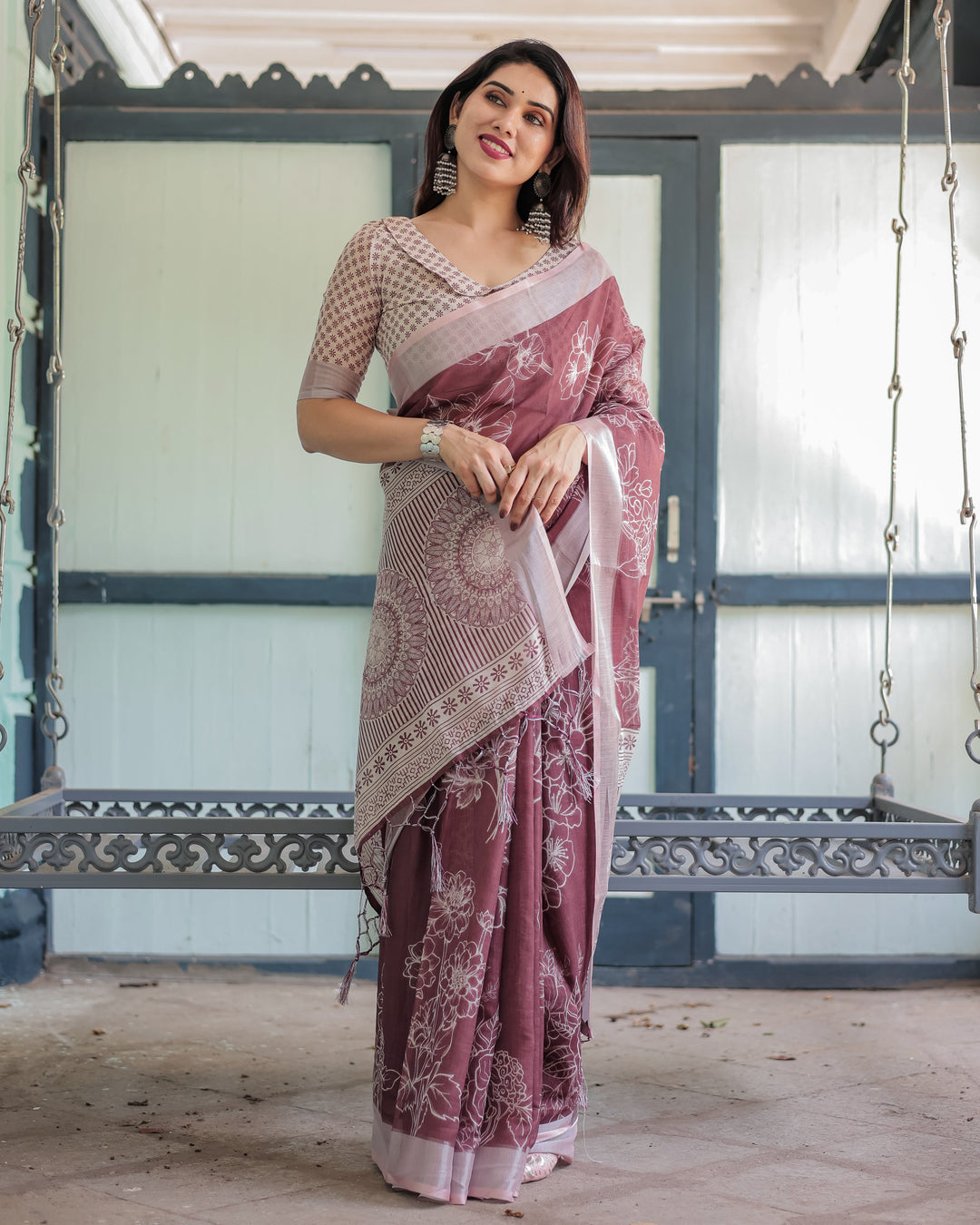 Linen Cotton Digital Printed Saree with Silver Zari Patta, Matching Digital Print Blouse, and Zahlar Tassels