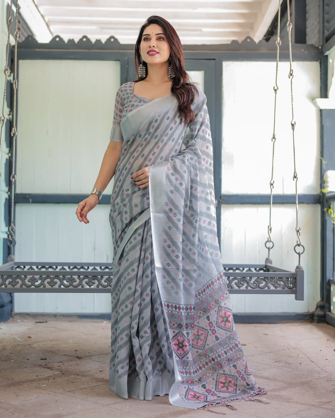 Regal Zari Zahlar Premium Linen Cotton Digital Printed Saree with Silver Weaving Zari Patta & Matching Blouse