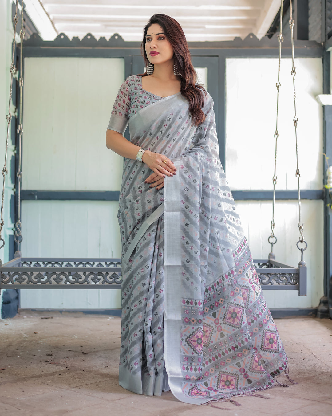 Regal Zari Zahlar Premium Linen Cotton Digital Printed Saree with Silver Weaving Zari Patta & Matching Blouse