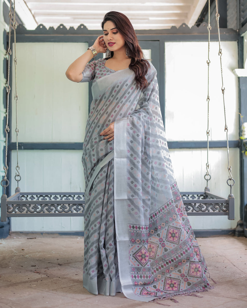 Regal Zari Zahlar Premium Linen Cotton Digital Printed Saree with Silver Weaving Zari Patta & Matching Blouse