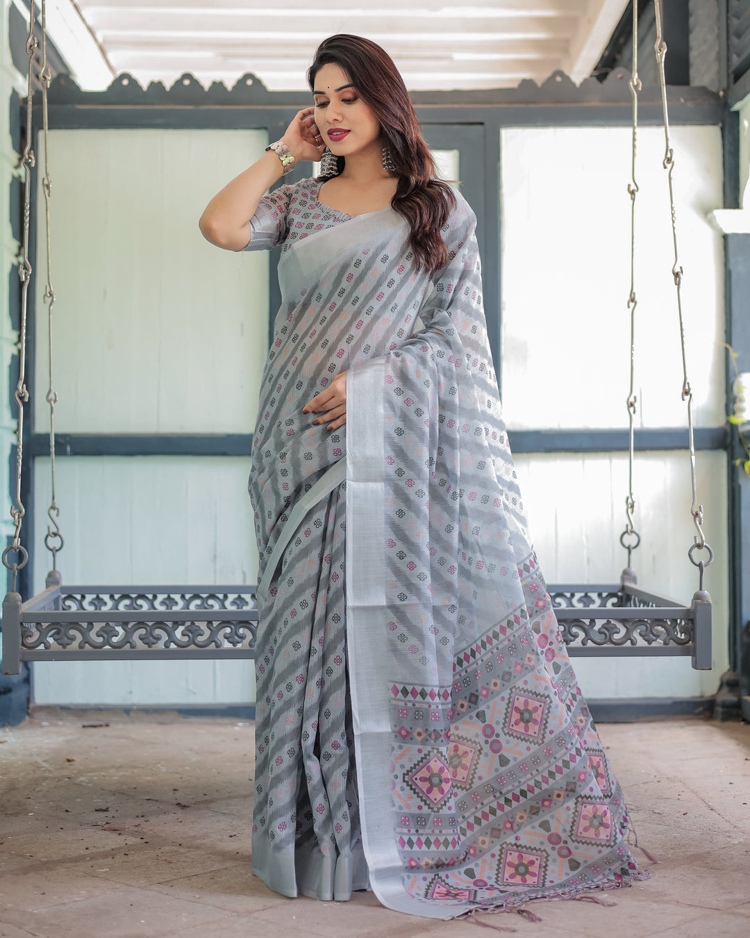 Regal Zari Zahlar Premium Linen Cotton Digital Printed Saree with Silver Weaving Zari Patta & Matching Blouse