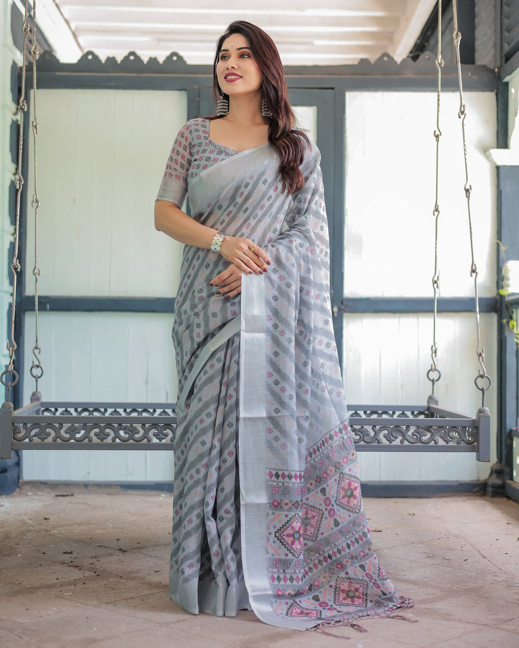 Regal Zari Zahlar Premium Linen Cotton Digital Printed Saree with Silver Weaving Zari Patta & Matching Blouse