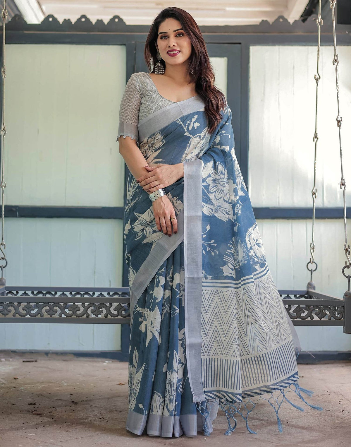 Linen Cotton Digital Printed Saree with Silver Zari Patta, Matching Digital Print Blouse, and Zahlar Tassels