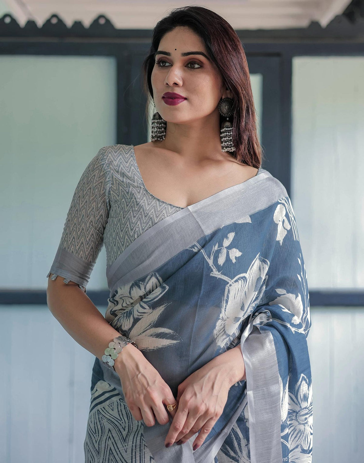 Linen Cotton Digital Printed Saree with Silver Zari Patta, Matching Digital Print Blouse, and Zahlar Tassels