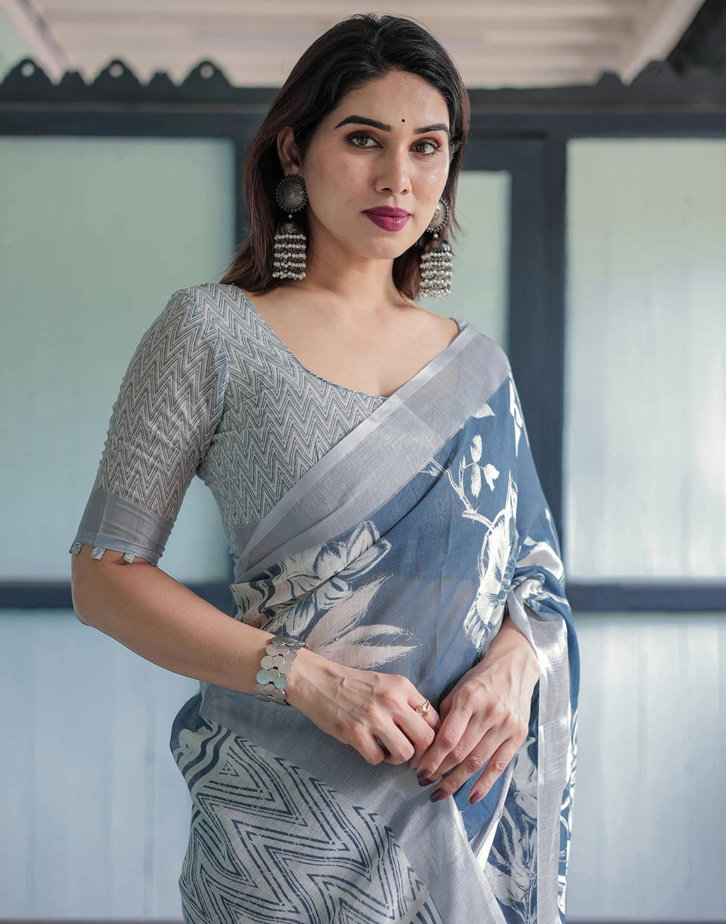 Linen Cotton Digital Printed Saree with Silver Zari Patta, Matching Digital Print Blouse, and Zahlar Tassels