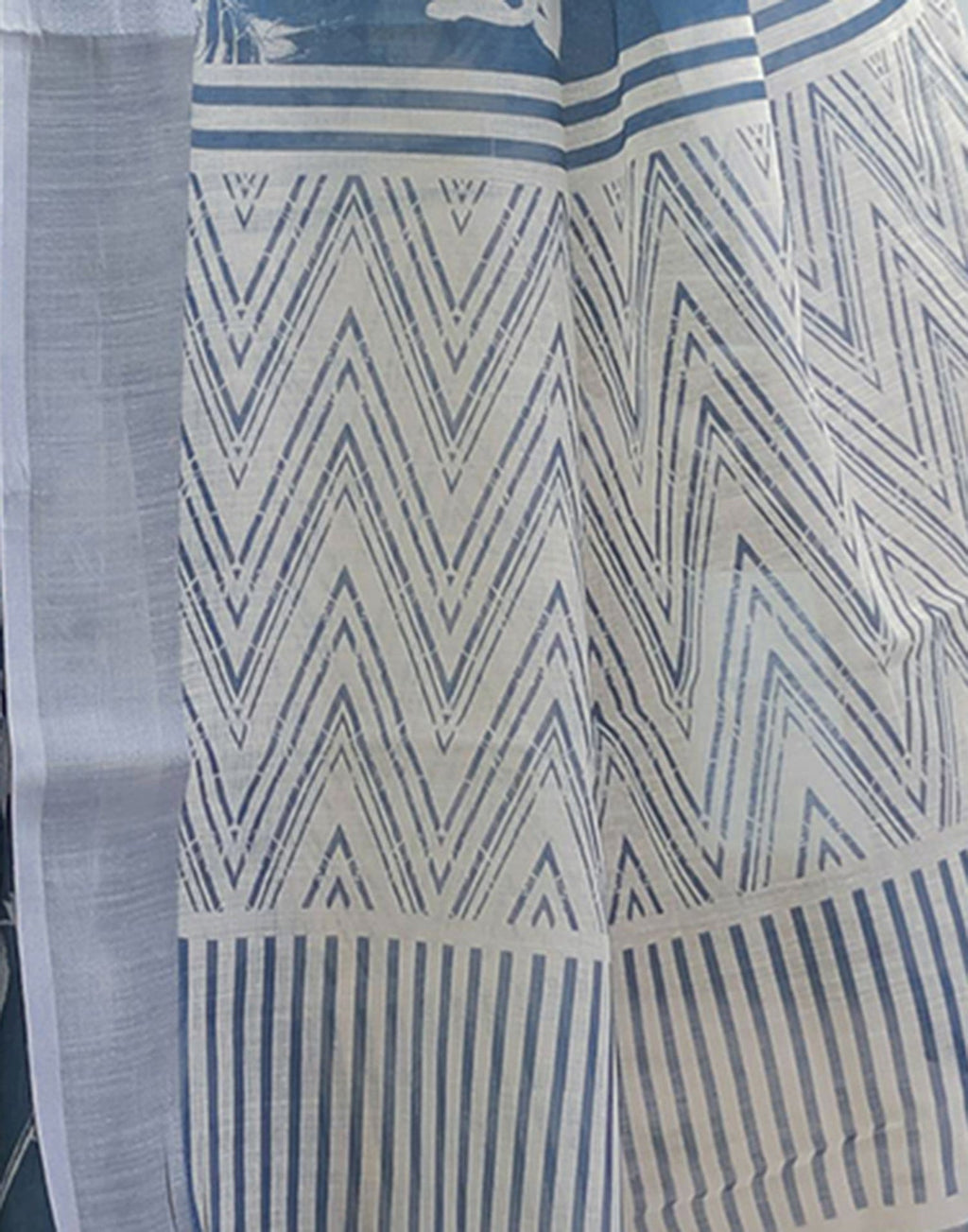 Linen Cotton Digital Printed Saree with Silver Zari Patta, Matching Digital Print Blouse, and Zahlar Tassels