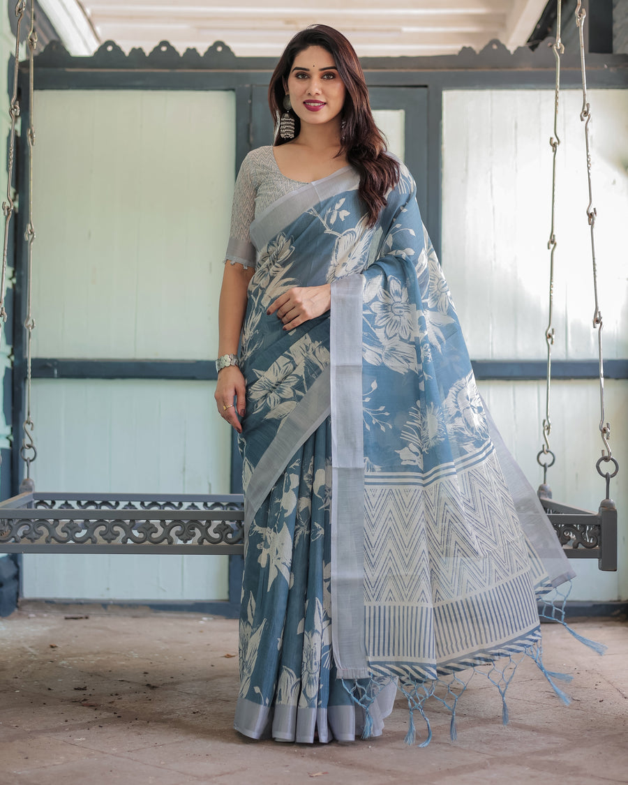 Linen Cotton Digital Printed Saree with Silver Zari Patta, Matching Digital Print Blouse, and Zahlar Tassels