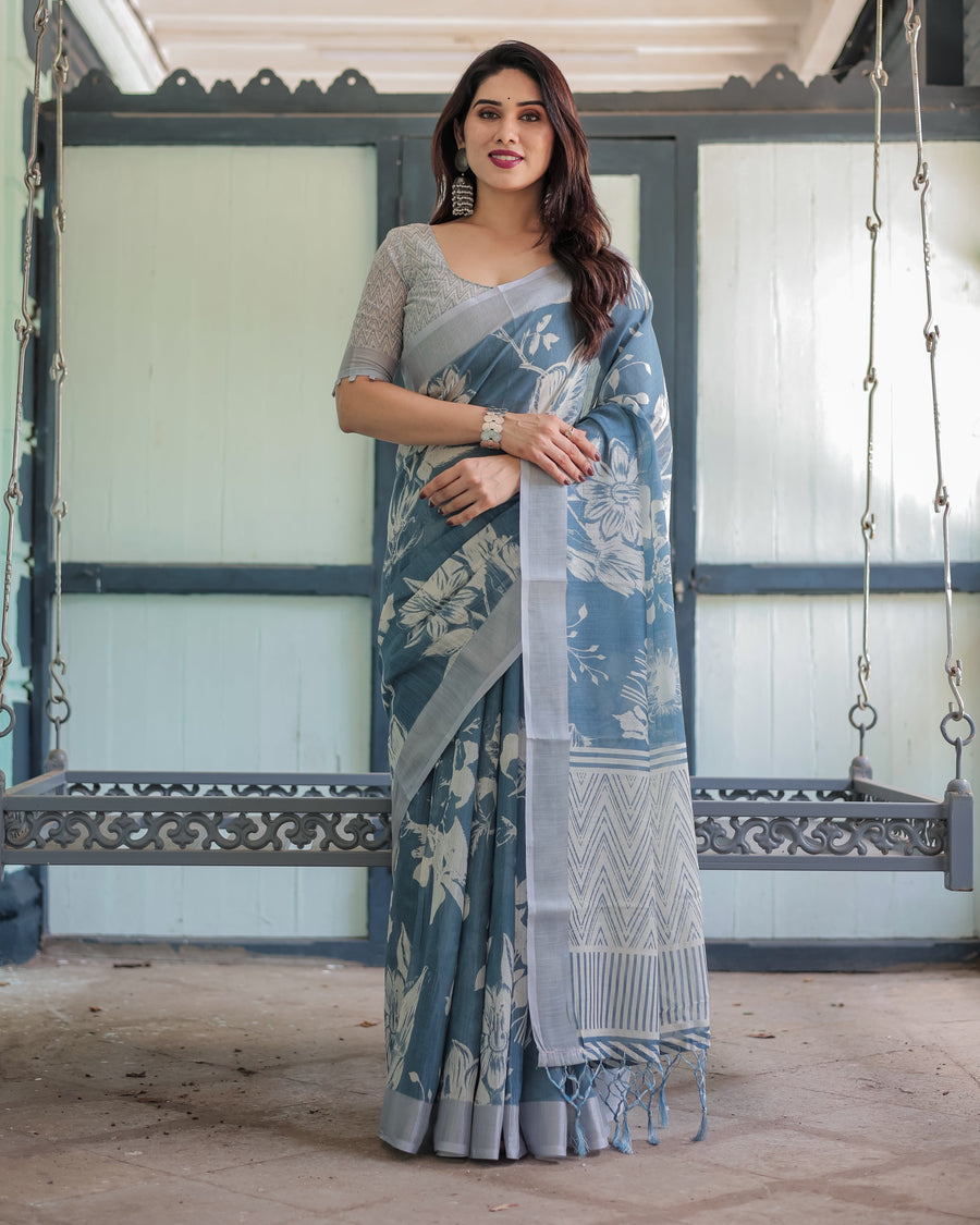 Linen Cotton Digital Printed Saree with Silver Zari Patta, Matching Digital Print Blouse, and Zahlar Tassels