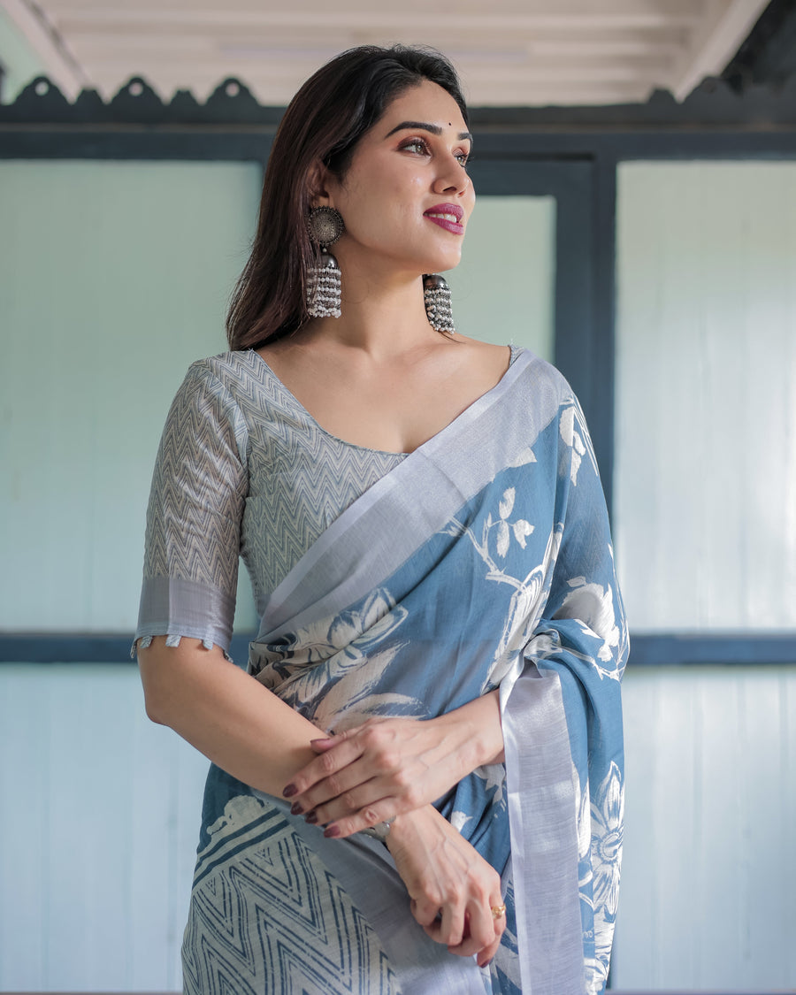 Linen Cotton Digital Printed Saree with Silver Zari Patta, Matching Digital Print Blouse, and Zahlar Tassels