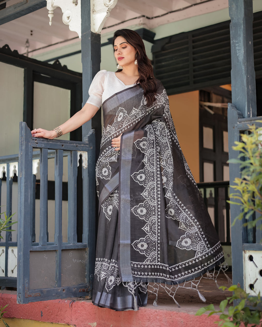 Linen Cotton Digital Printed Saree with Silver Zari Patta and Zahlar Tassels