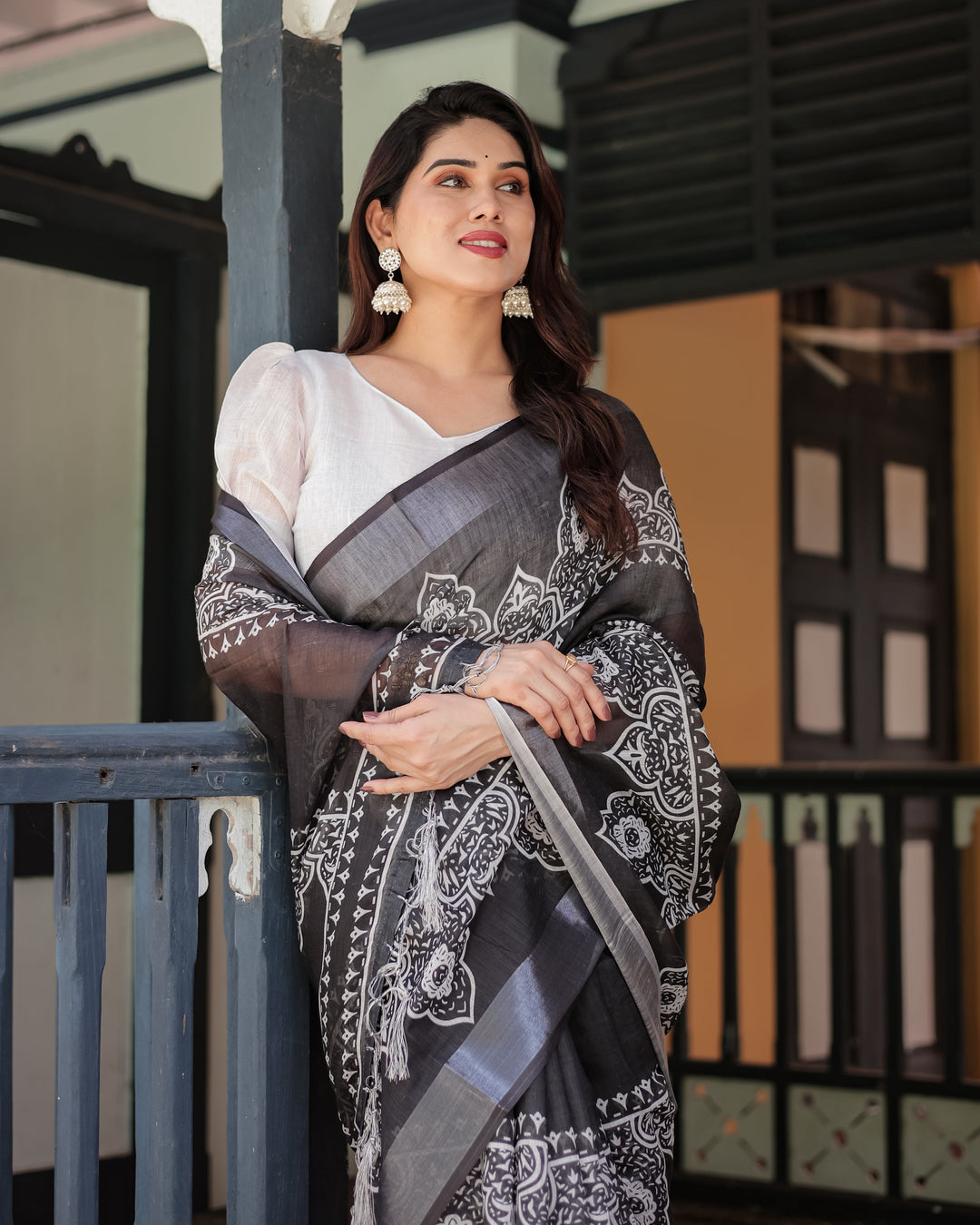 Linen Cotton Digital Printed Saree with Silver Zari Patta and Zahlar Tassels