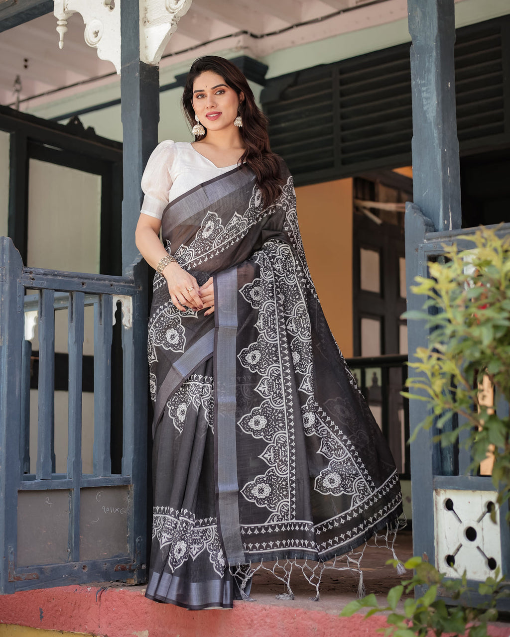 Linen Cotton Digital Printed Saree with Silver Zari Patta and Zahlar Tassels