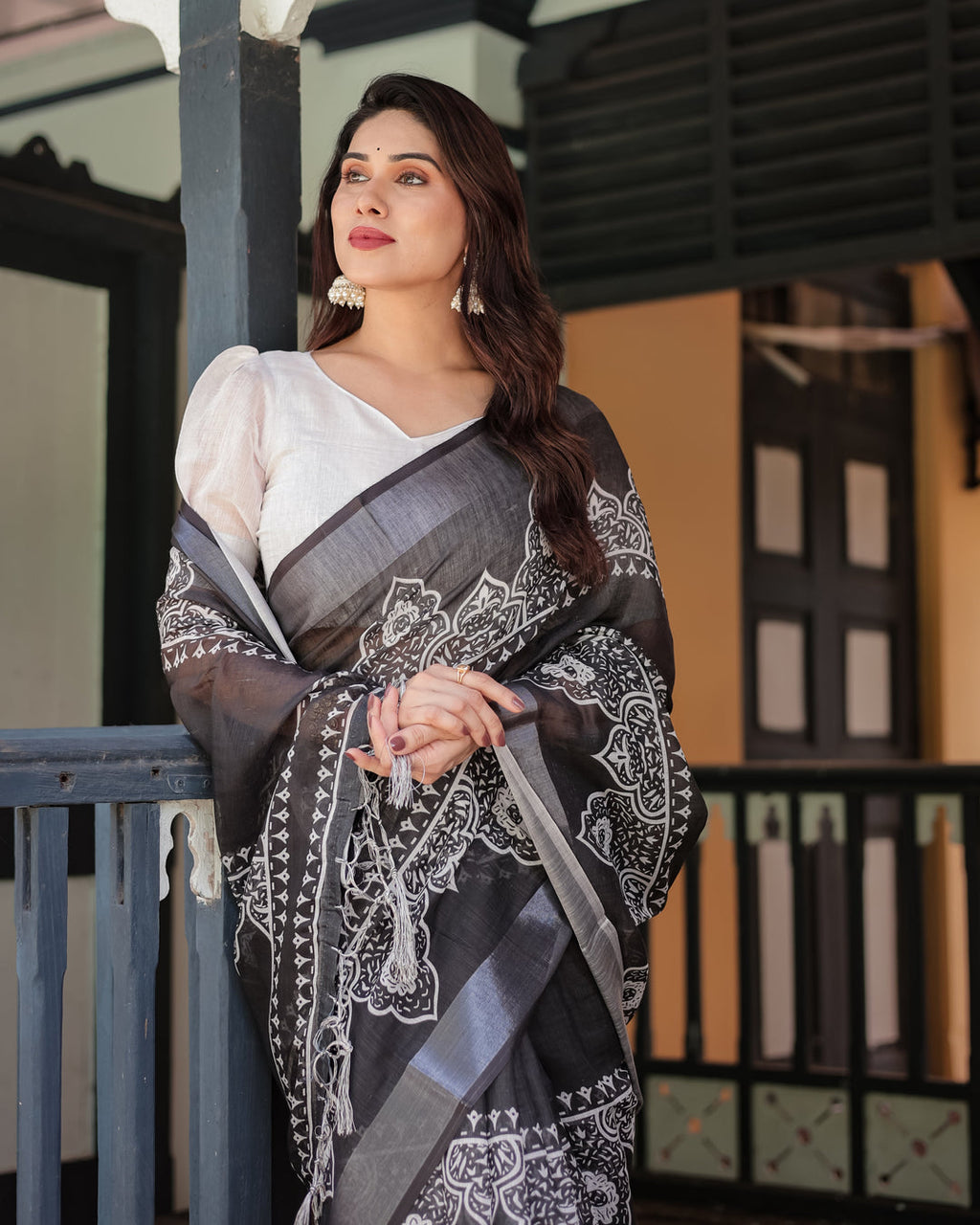 Linen Cotton Digital Printed Saree with Silver Zari Patta and Zahlar Tassels
