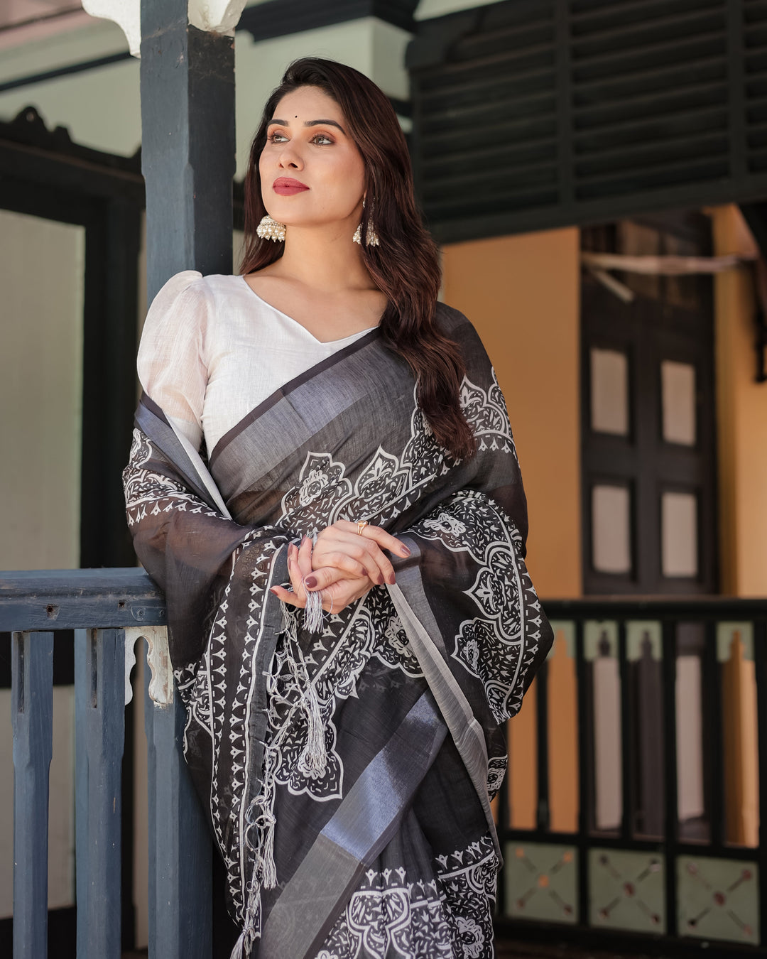 Linen Cotton Digital Printed Saree with Silver Zari Patta and Zahlar Tassels