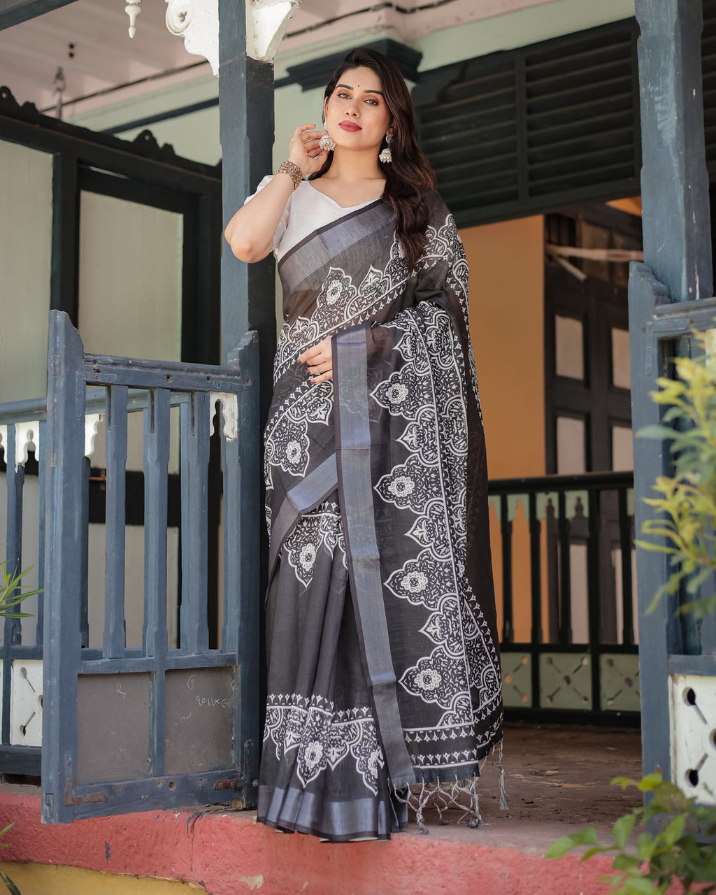 Linen Cotton Digital Printed Saree with Silver Zari Patta and Zahlar Tassels