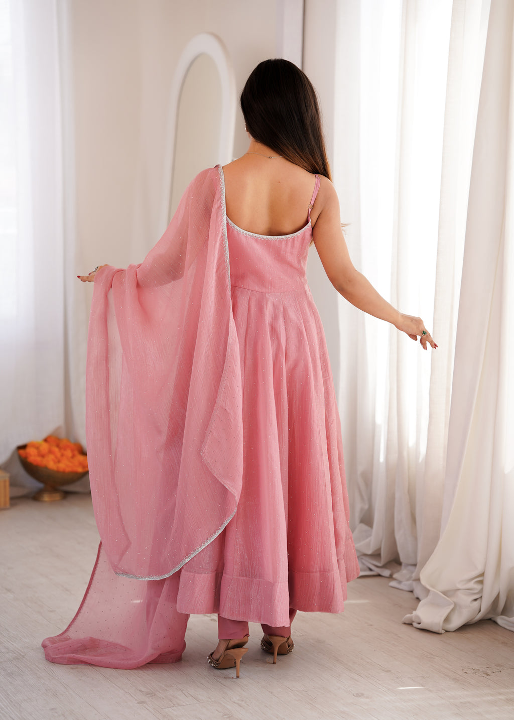Sky Blue & Dusty Pink Crunchy Silk Siroki Work Flared Anarkali Gown Set with Lace Dupatta & Pant