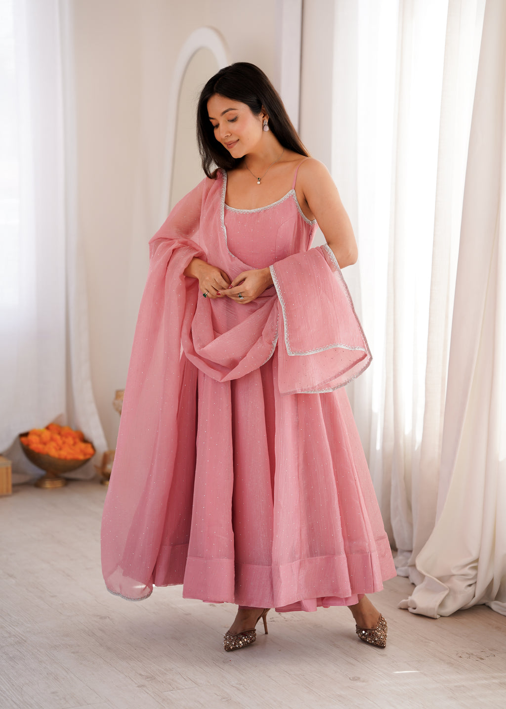 Sky Blue & Dusty Pink Crunchy Silk Siroki Work Flared Anarkali Gown Set with Lace Dupatta & Pant