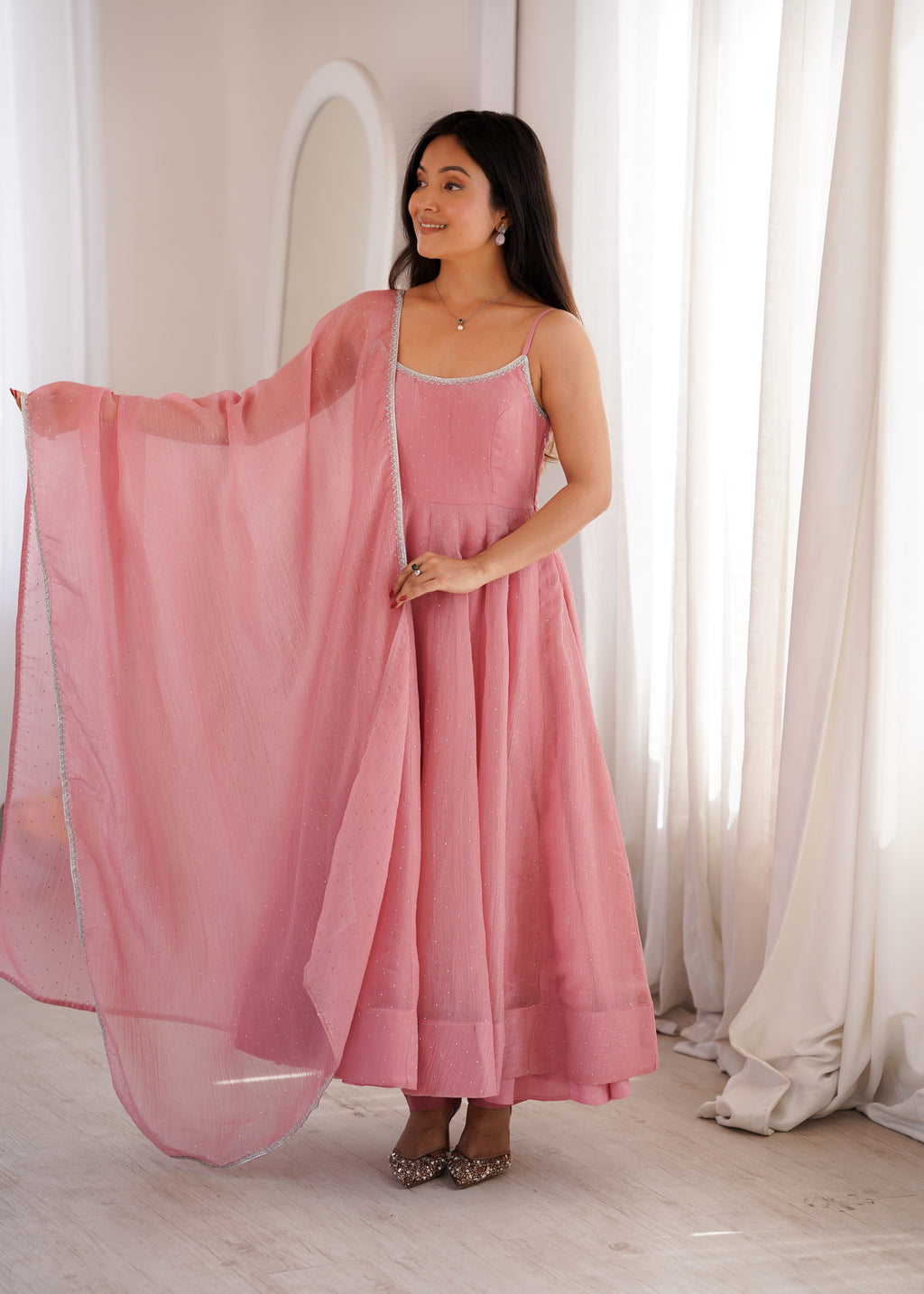 Sky Blue & Dusty Pink Crunchy Silk Siroki Work Flared Anarkali Gown Set with Lace Dupatta & Pant