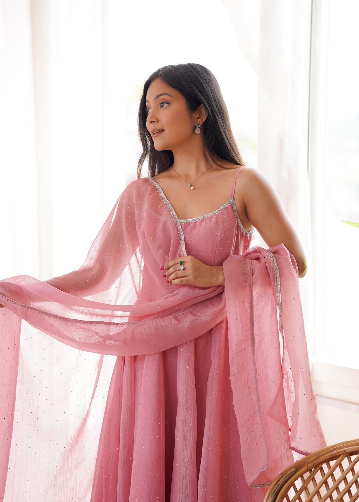 Sky Blue & Dusty Pink Crunchy Silk Siroki Work Flared Anarkali Gown Set with Lace Dupatta & Pant