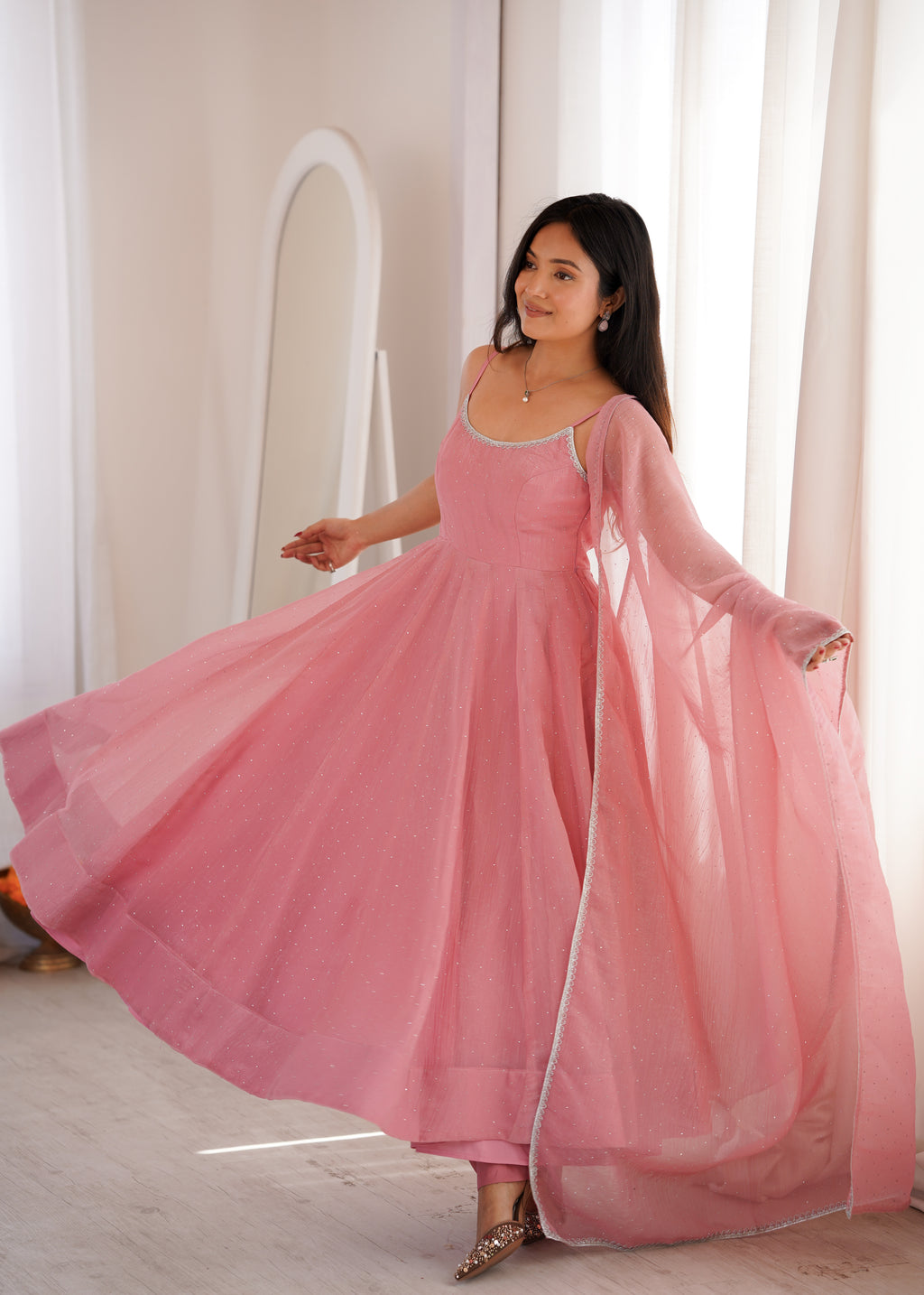 Sky Blue & Dusty Pink Crunchy Silk Siroki Work Flared Anarkali Gown Set with Lace Dupatta & Pant