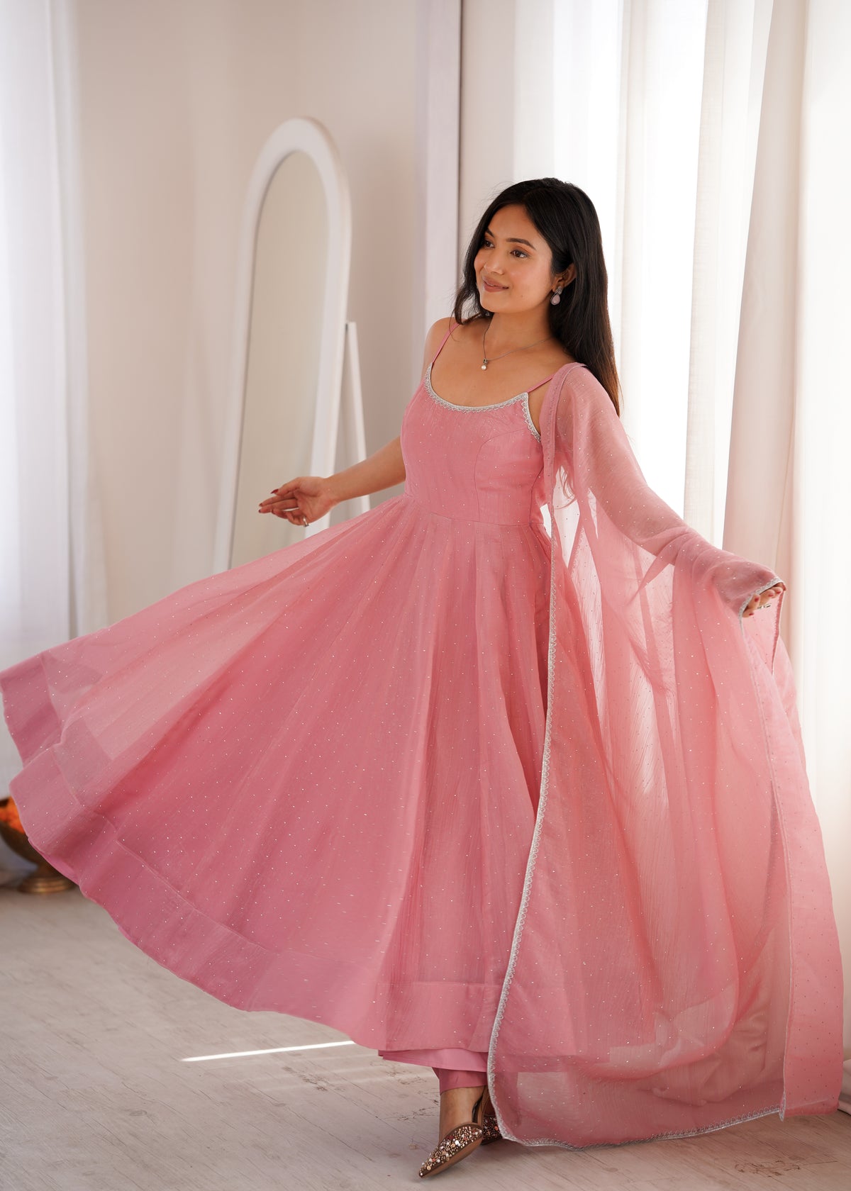 Sky Blue & Dusty Pink Crunchy Silk Siroki Work Flared Anarkali Gown Set with Lace Dupatta & Pant