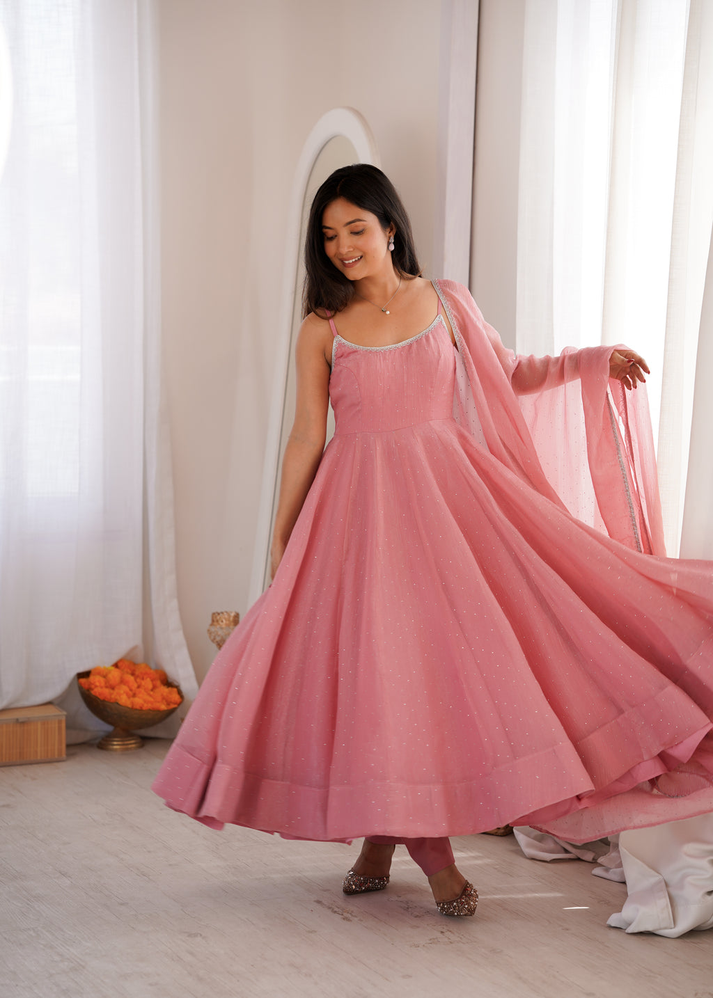 Sky Blue & Dusty Pink Crunchy Silk Siroki Work Flared Anarkali Gown Set with Lace Dupatta & Pant