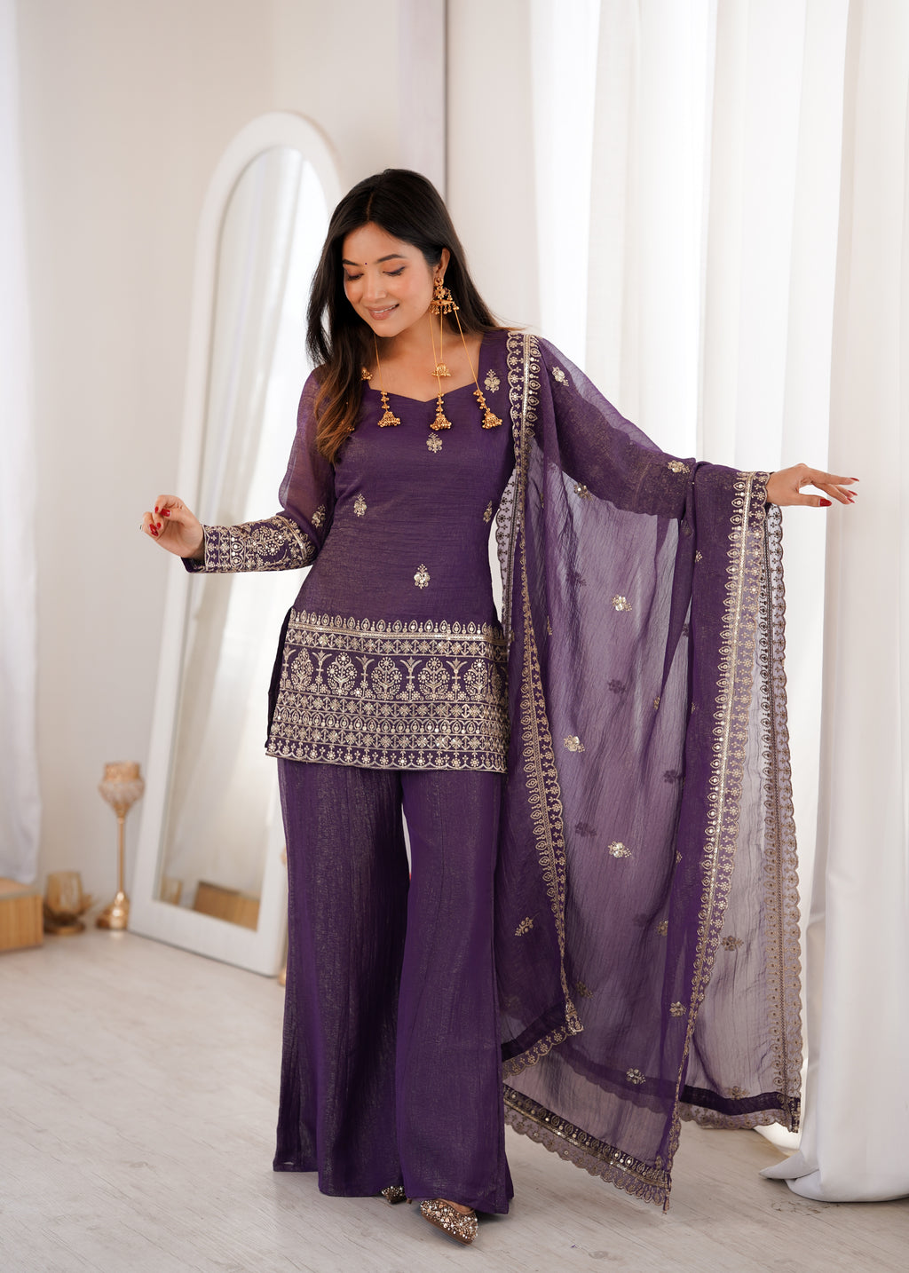 Crunchy Silk Dori Embroidered Bell Bottom Suit with Sequin Jari Work & Lace Dupatta