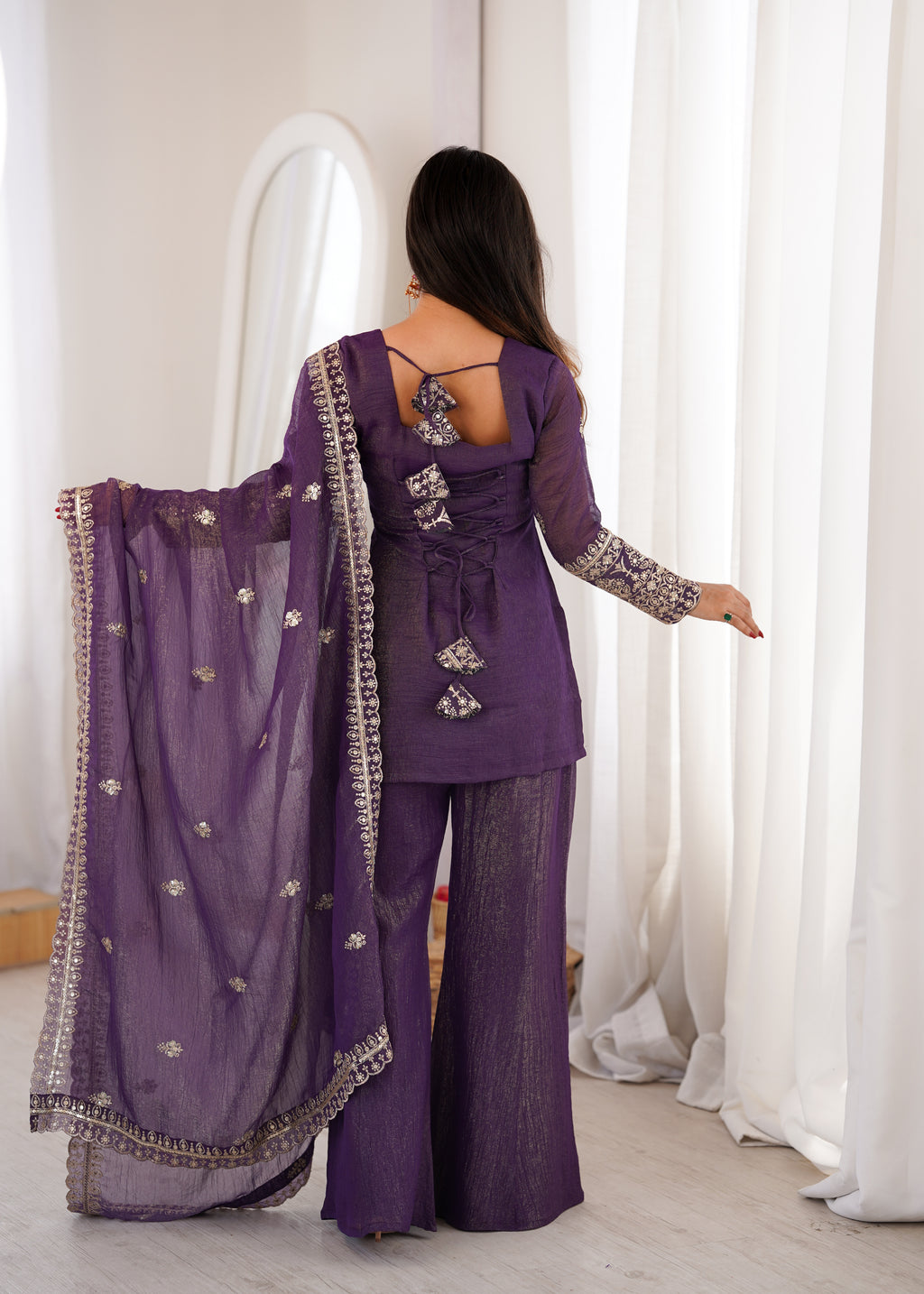 Crunchy Silk Dori Embroidered Bell Bottom Suit with Sequin Jari Work & Lace Dupatta