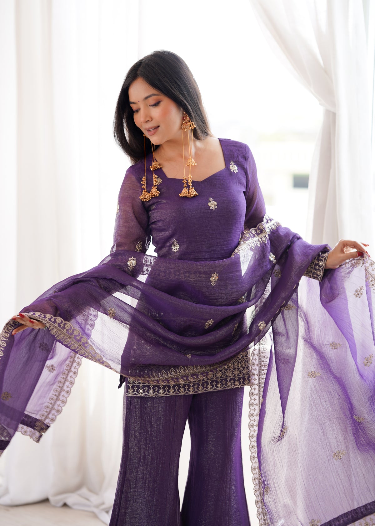 Crunchy Silk Dori Embroidered Bell Bottom Suit with Sequin Jari Work & Lace Dupatta