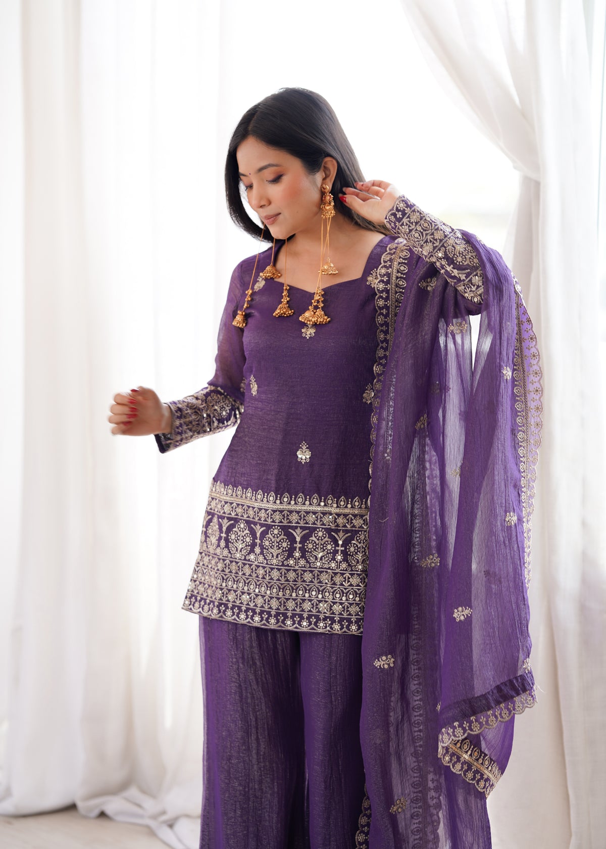 Mahendi & Purple Crunchy Silk Embroidered Bell Bottom Suit with Jari Work Dupatta