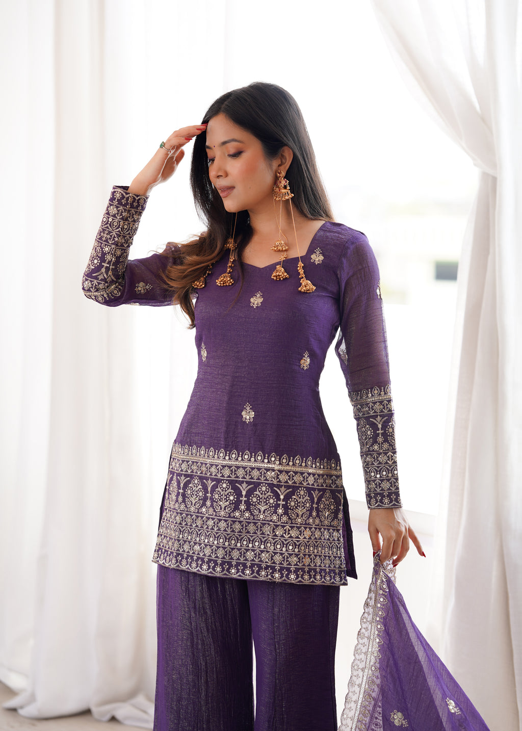 Crunchy Silk Dori Embroidered Bell Bottom Suit with Sequin Jari Work & Lace Dupatta