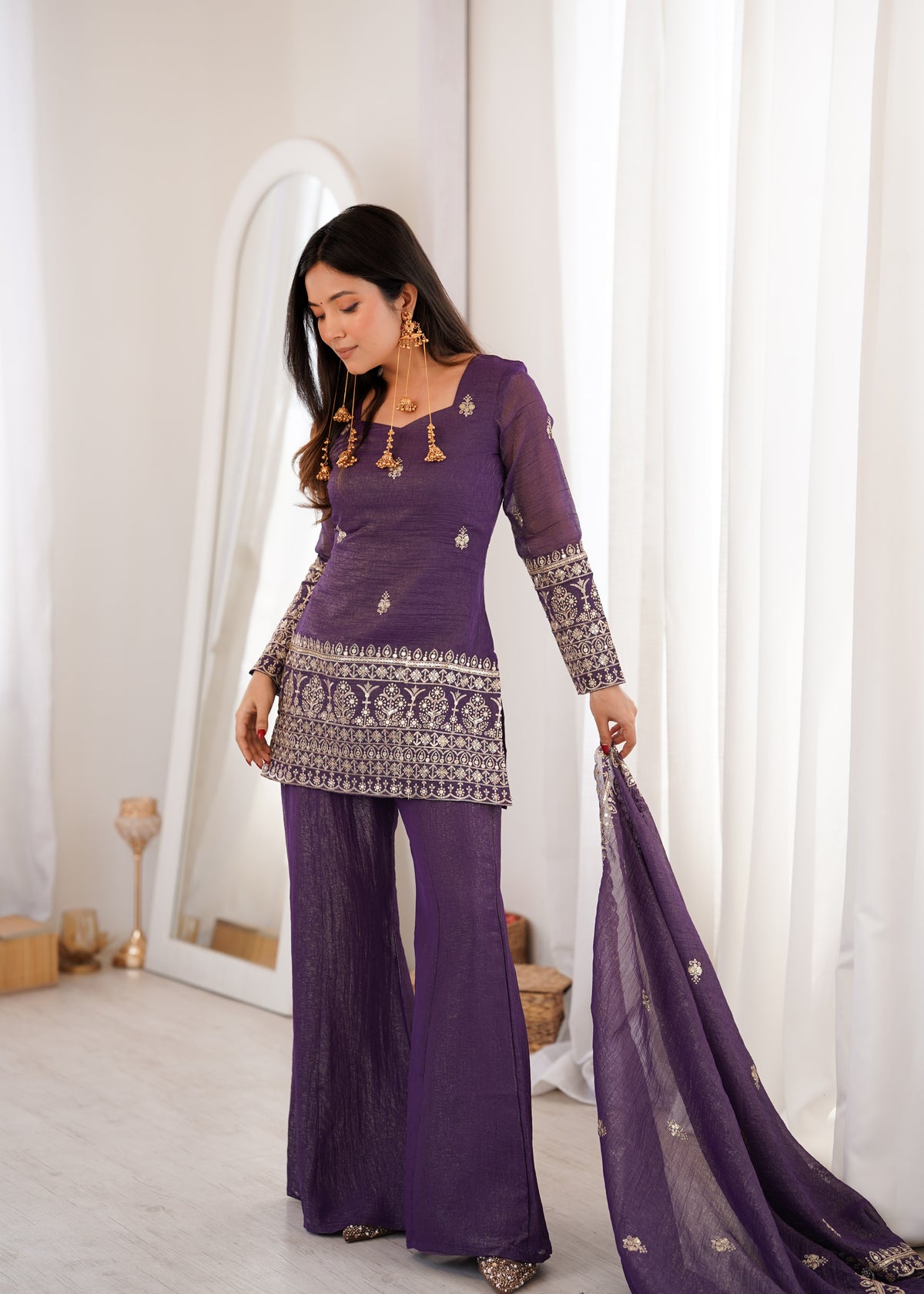 Mahendi & Purple Crunchy Silk Embroidered Bell Bottom Suit with Jari Work Dupatta
