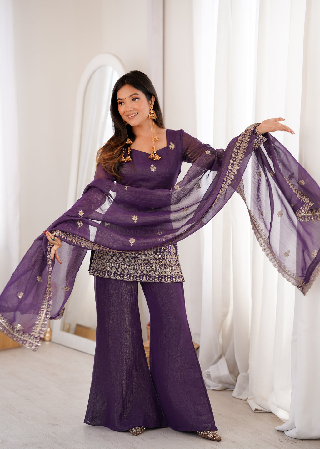 Mahendi & Purple Crunchy Silk Embroidered Bell Bottom Suit with Jari Work Dupatta